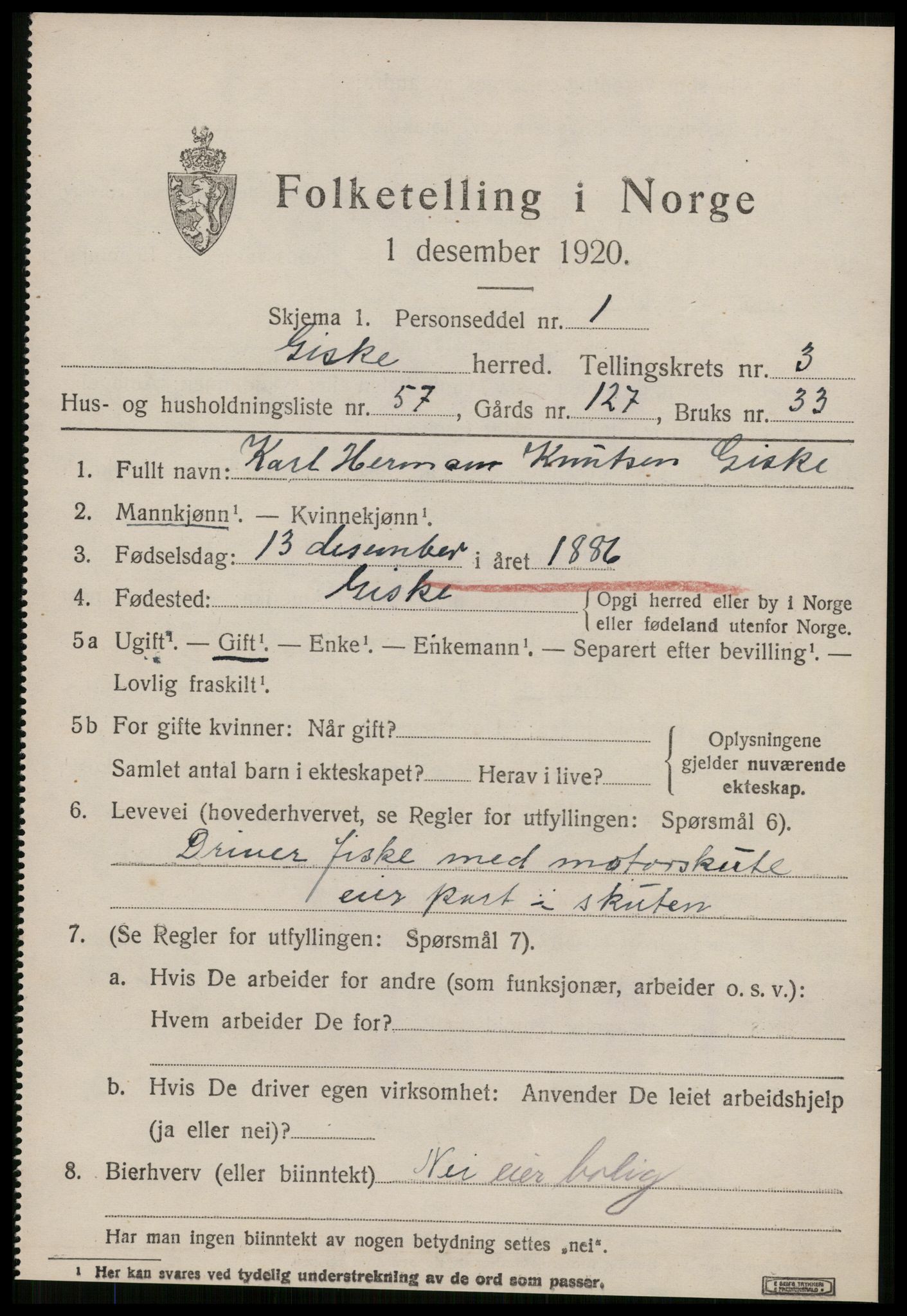 SAT, 1920 census for Giske, 1920, p. 2612