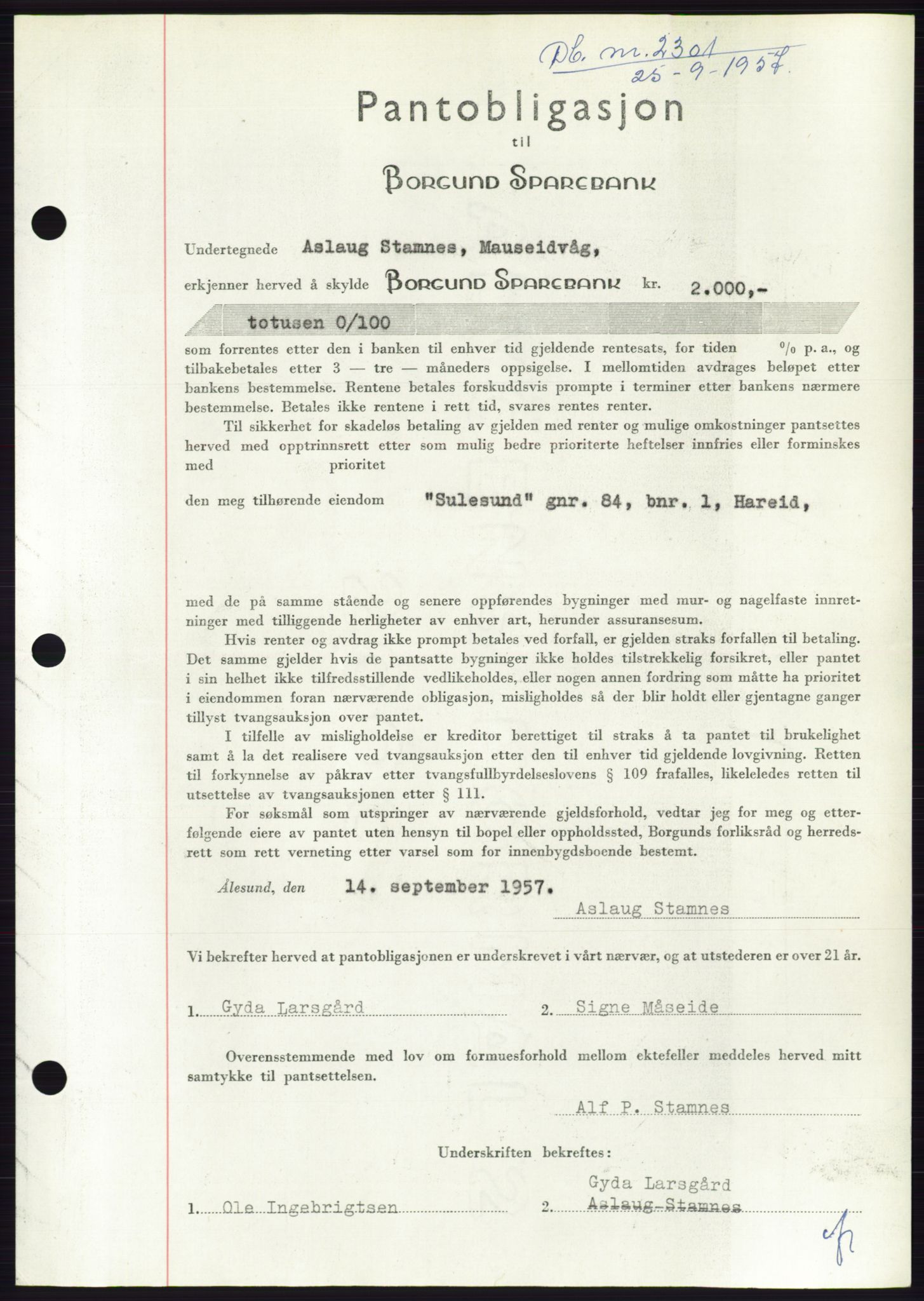 Søre Sunnmøre sorenskriveri, AV/SAT-A-4122/1/2/2C/L0130: Mortgage book no. 18B, 1957-1958, Diary no: : 2301/1957