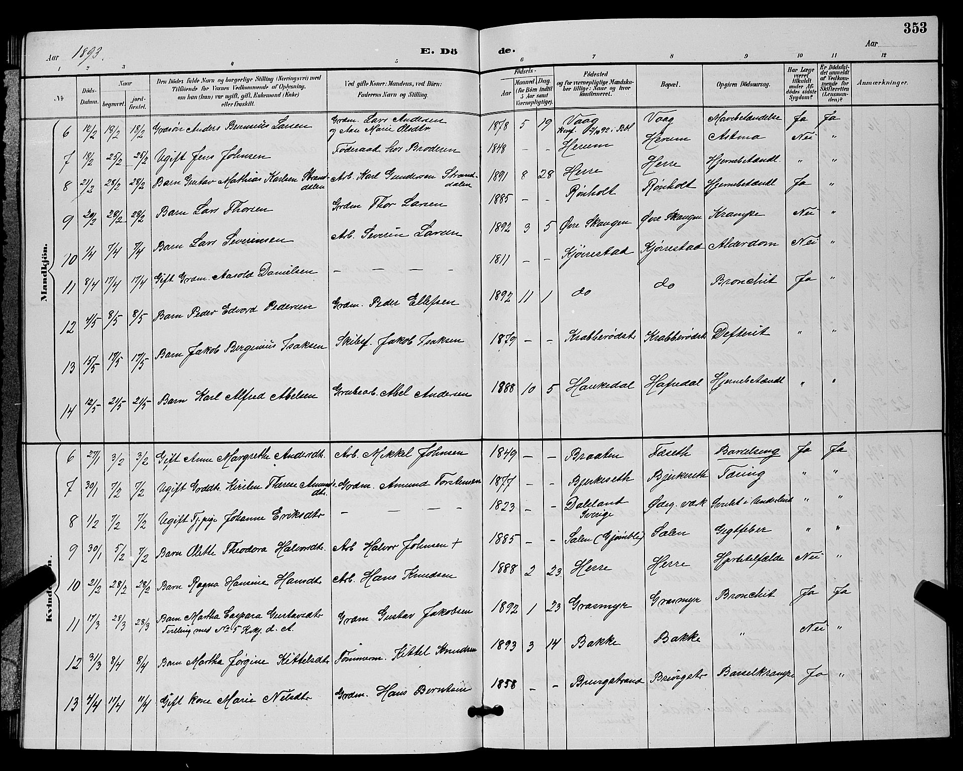 Bamble kirkebøker, AV/SAKO-A-253/G/Ga/L0009: Parish register (copy) no. I 9, 1888-1900, p. 353