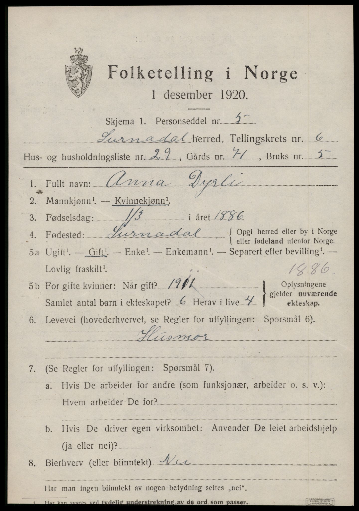 SAT, 1920 census for Surnadal, 1920, p. 4607