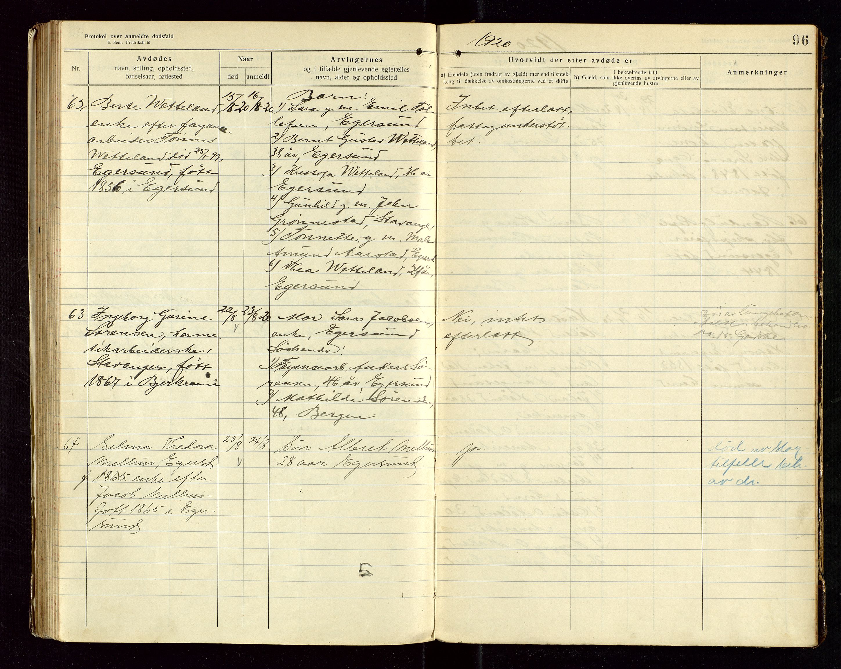 Eigersund lensmannskontor, AV/SAST-A-100171/Gga/L0007: "Protokol over anmeldte dødsfald" m/alfabetisk navneregister, 1917-1920, p. 96