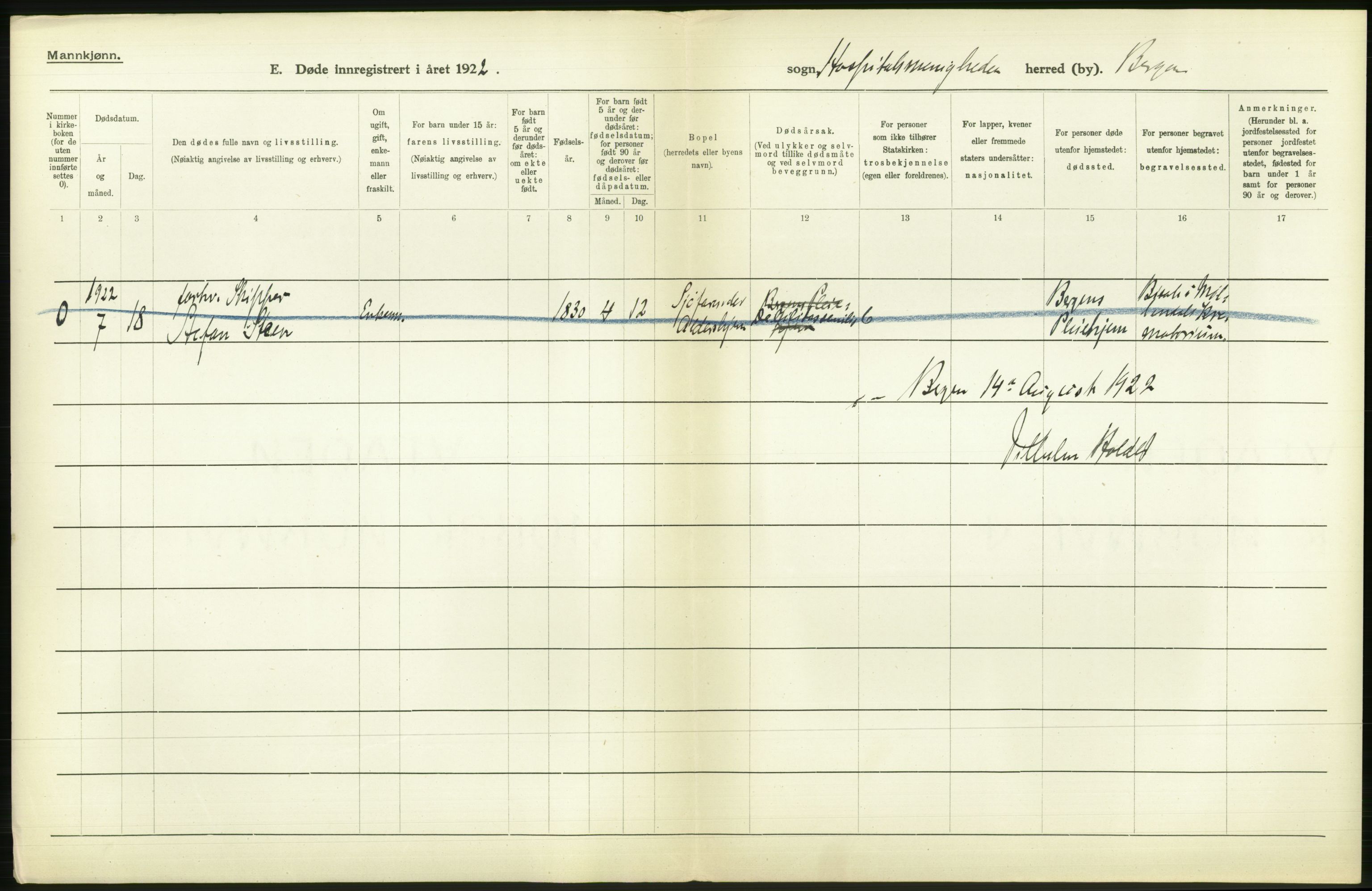 Statistisk sentralbyrå, Sosiodemografiske emner, Befolkning, AV/RA-S-2228/D/Df/Dfc/Dfcb/L0030: Bergen: Gifte, døde, dødfødte., 1922, p. 416