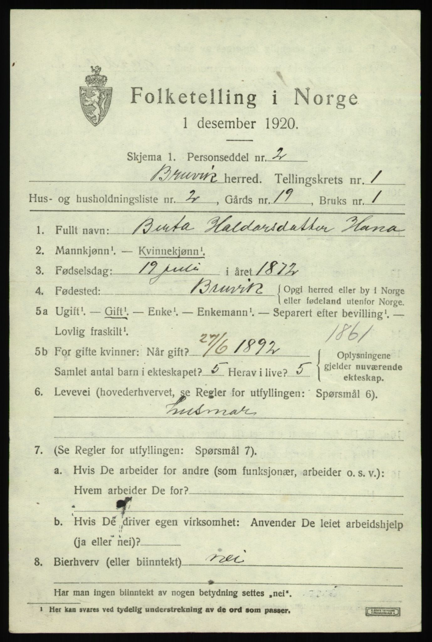 SAB, 1920 census for Bruvik, 1920, p. 1108