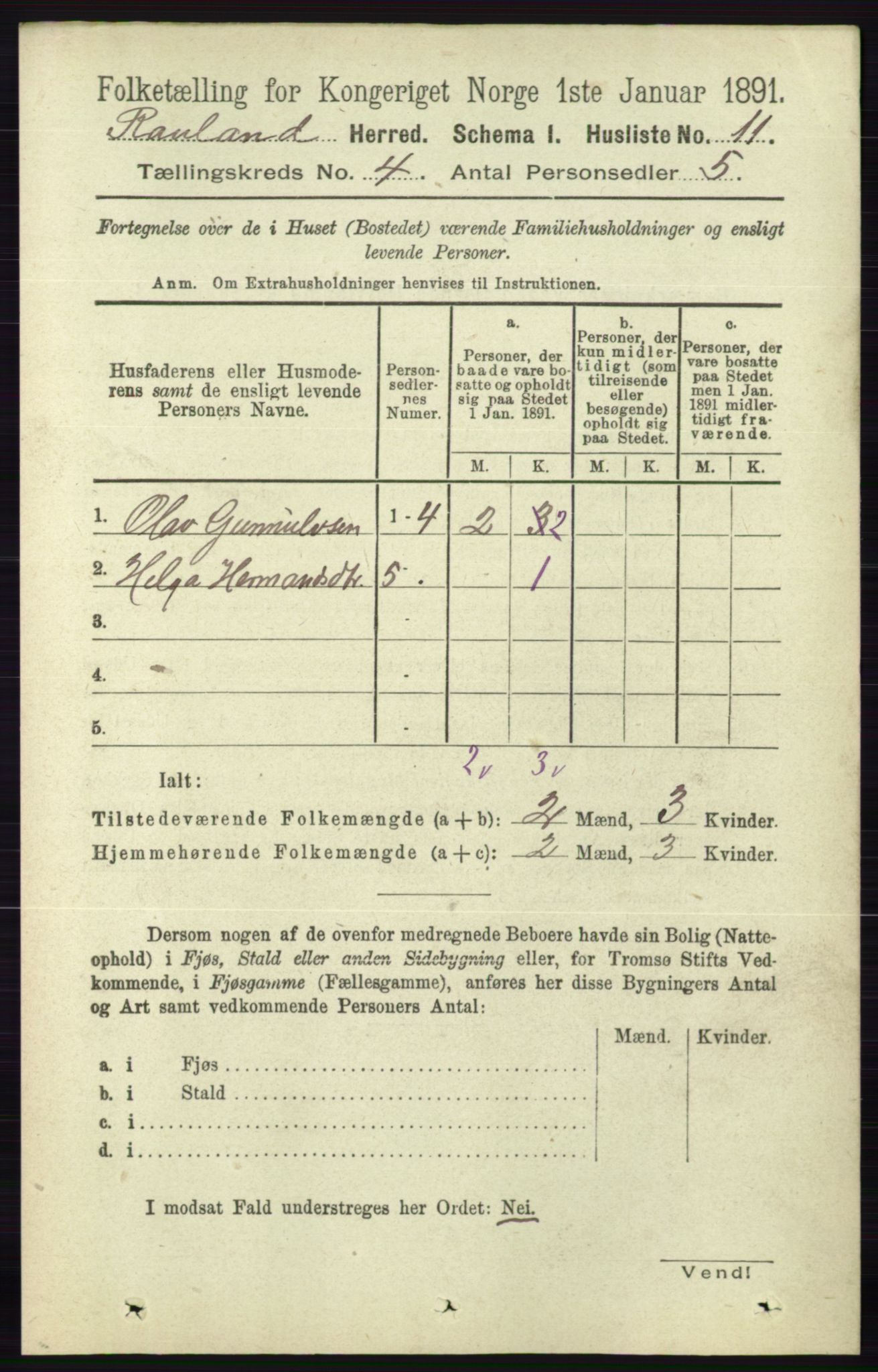 RA, 1891 census for 0835 Rauland, 1891, p. 997