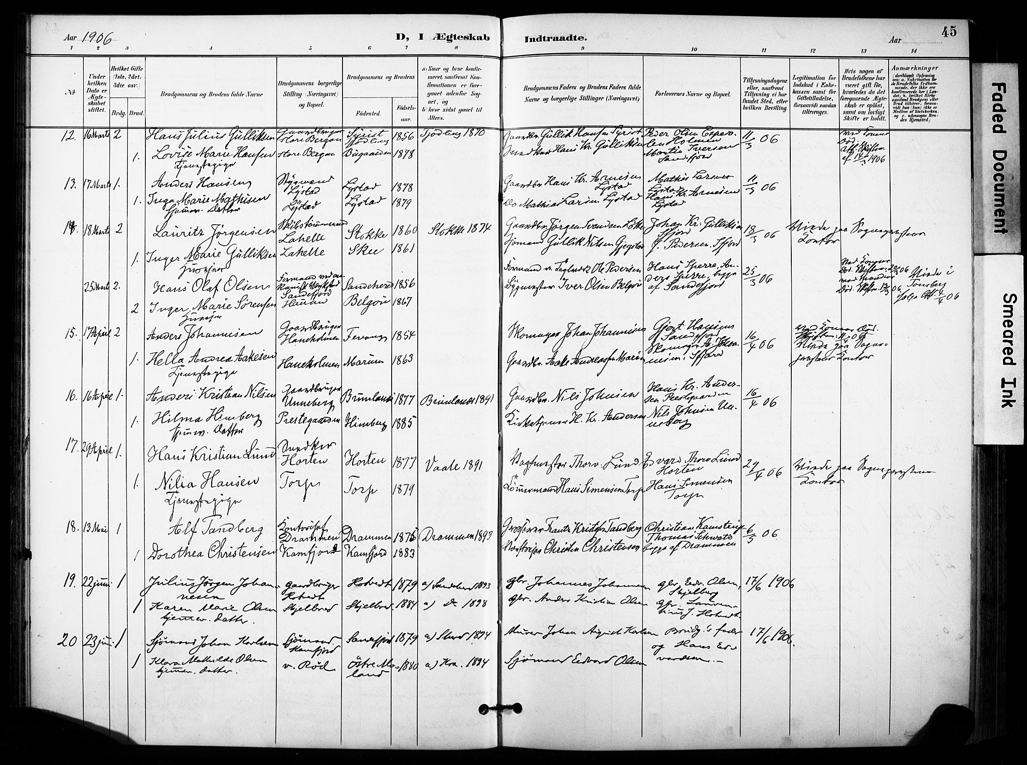 Sandar kirkebøker, SAKO/A-243/F/Fa/L0015: Parish register (official) no. 15, 1896-1907, p. 45
