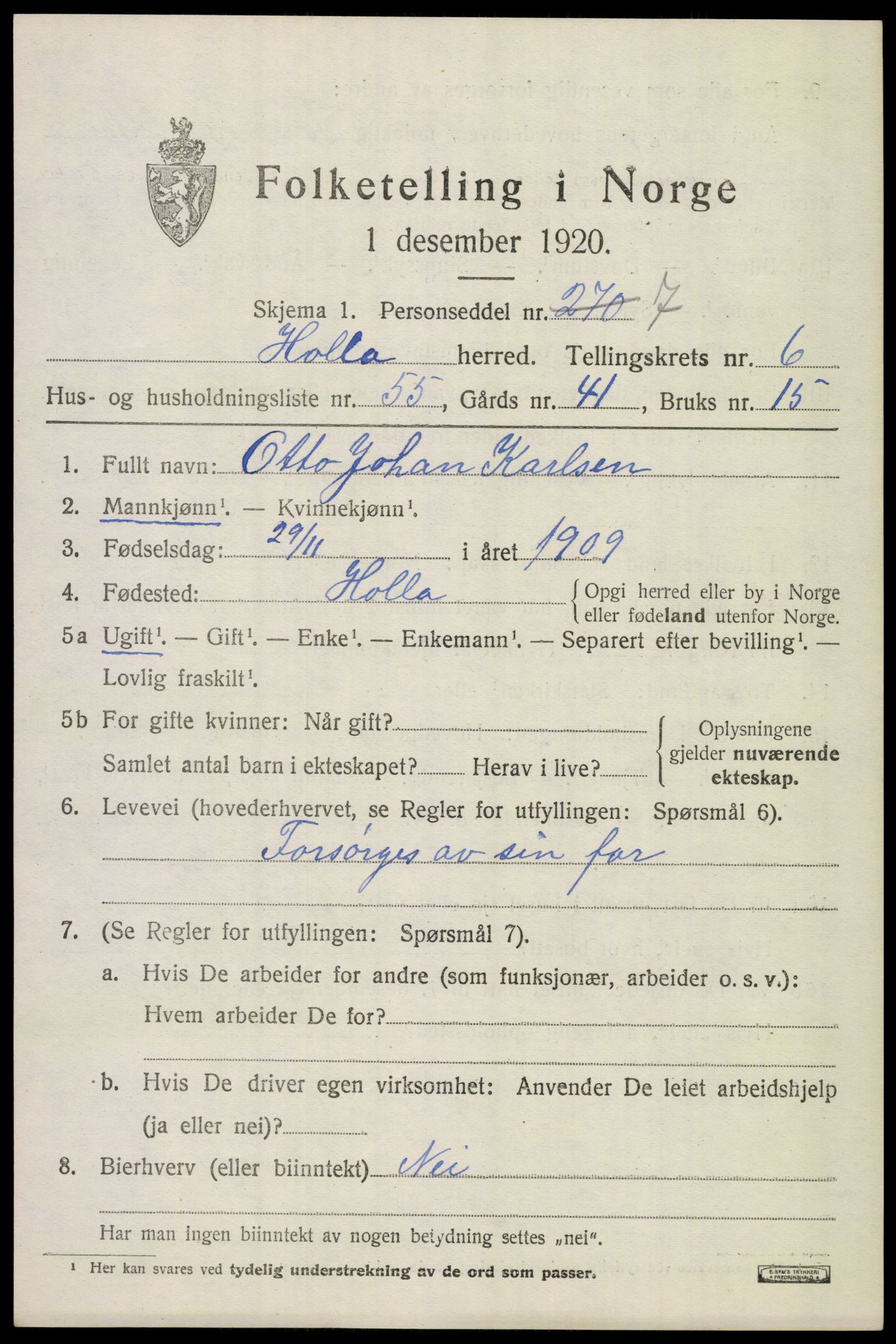 SAKO, 1920 census for Holla, 1920, p. 4909