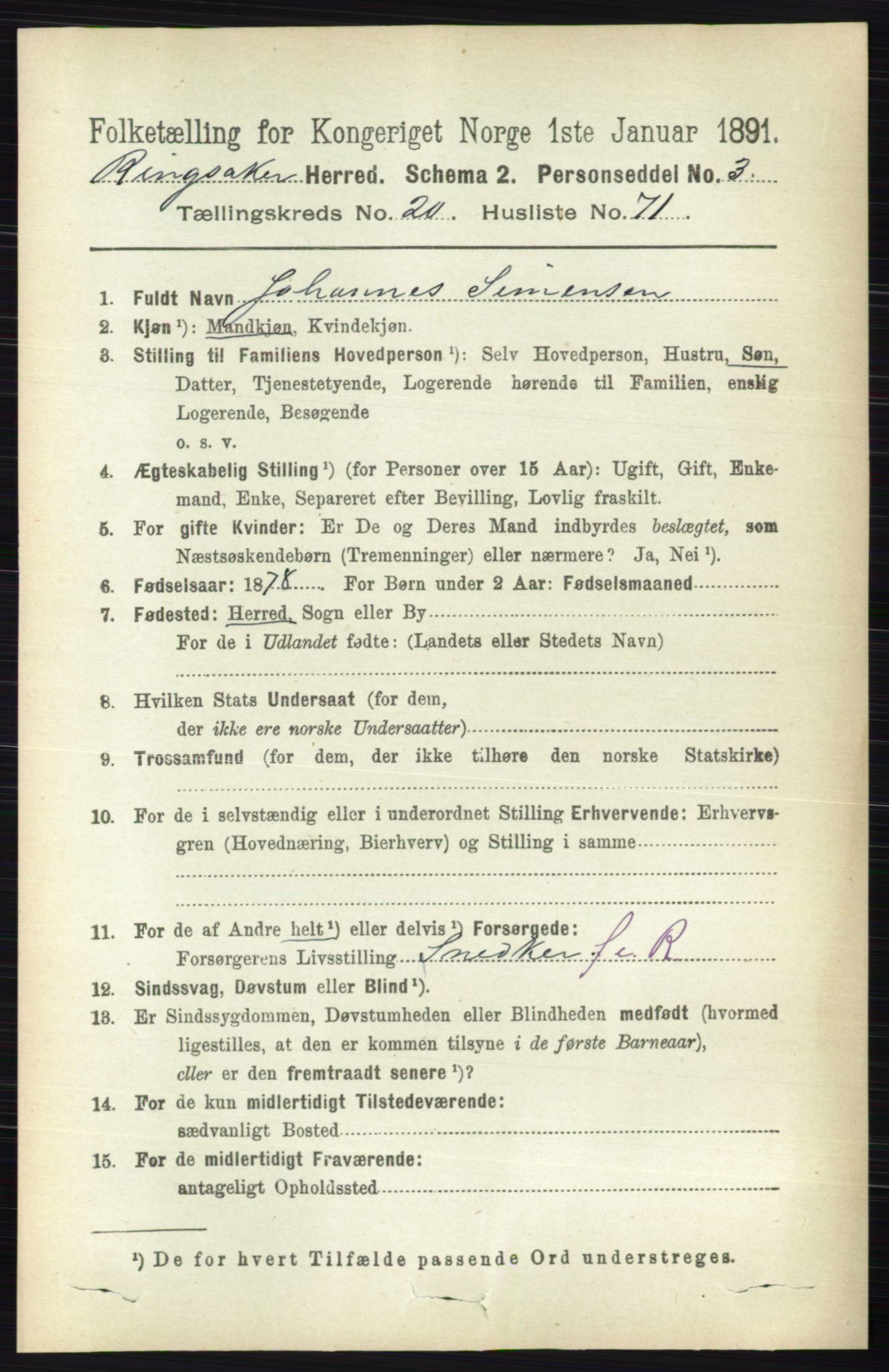 RA, 1891 census for 0412 Ringsaker, 1891, p. 11561