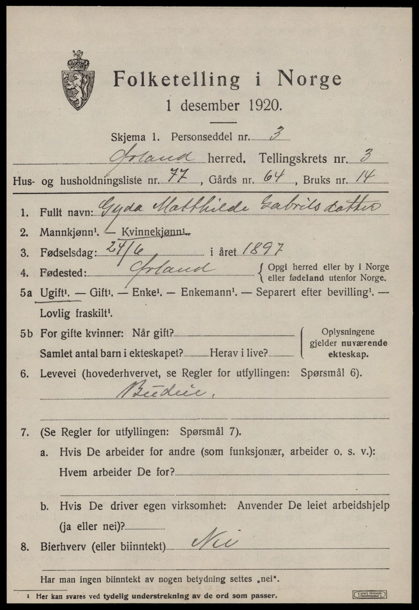 SAT, 1920 census for Ørland, 1920, p. 3387