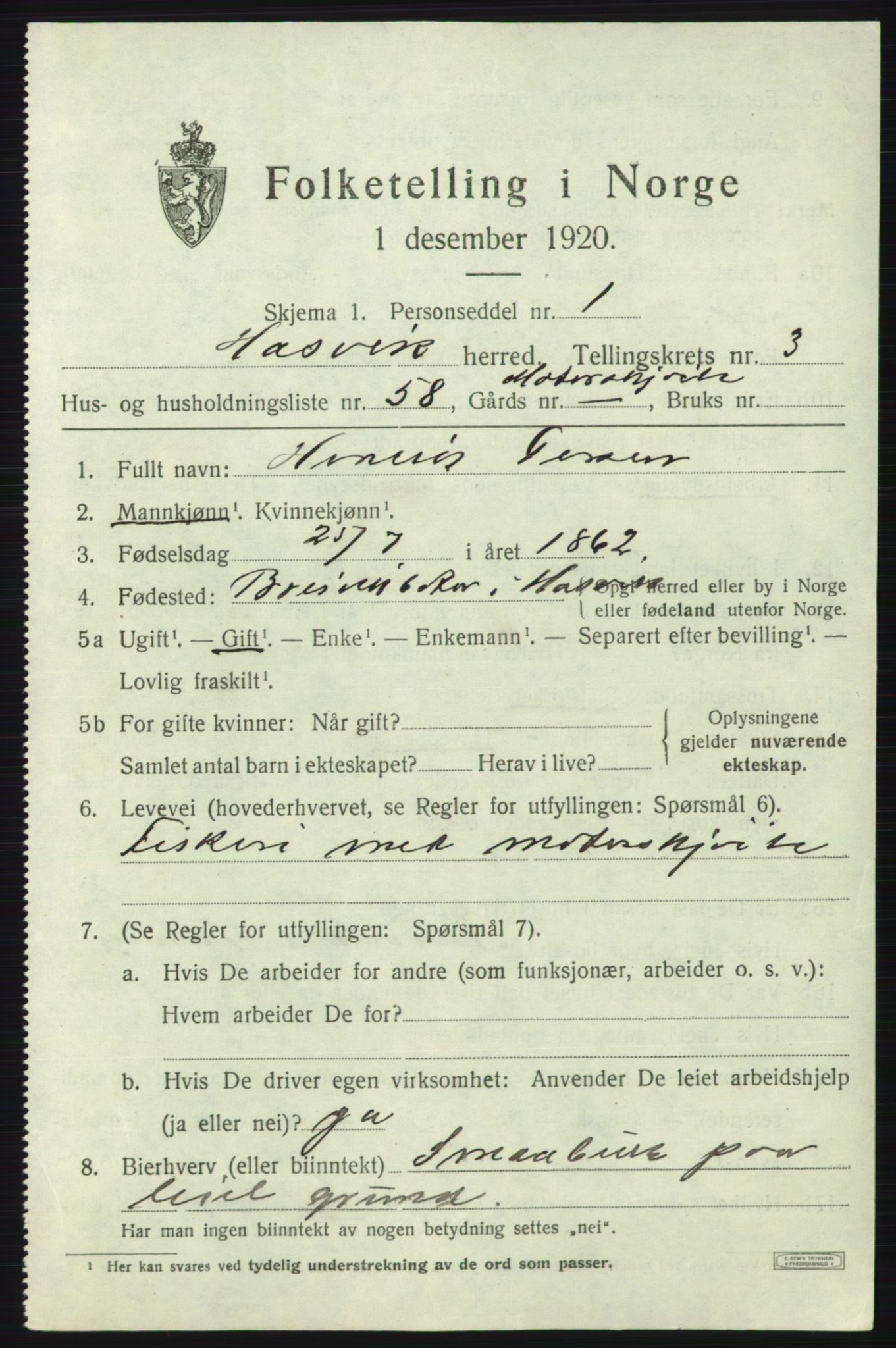 SATØ, 1920 census for Hasvik, 1920, p. 1753