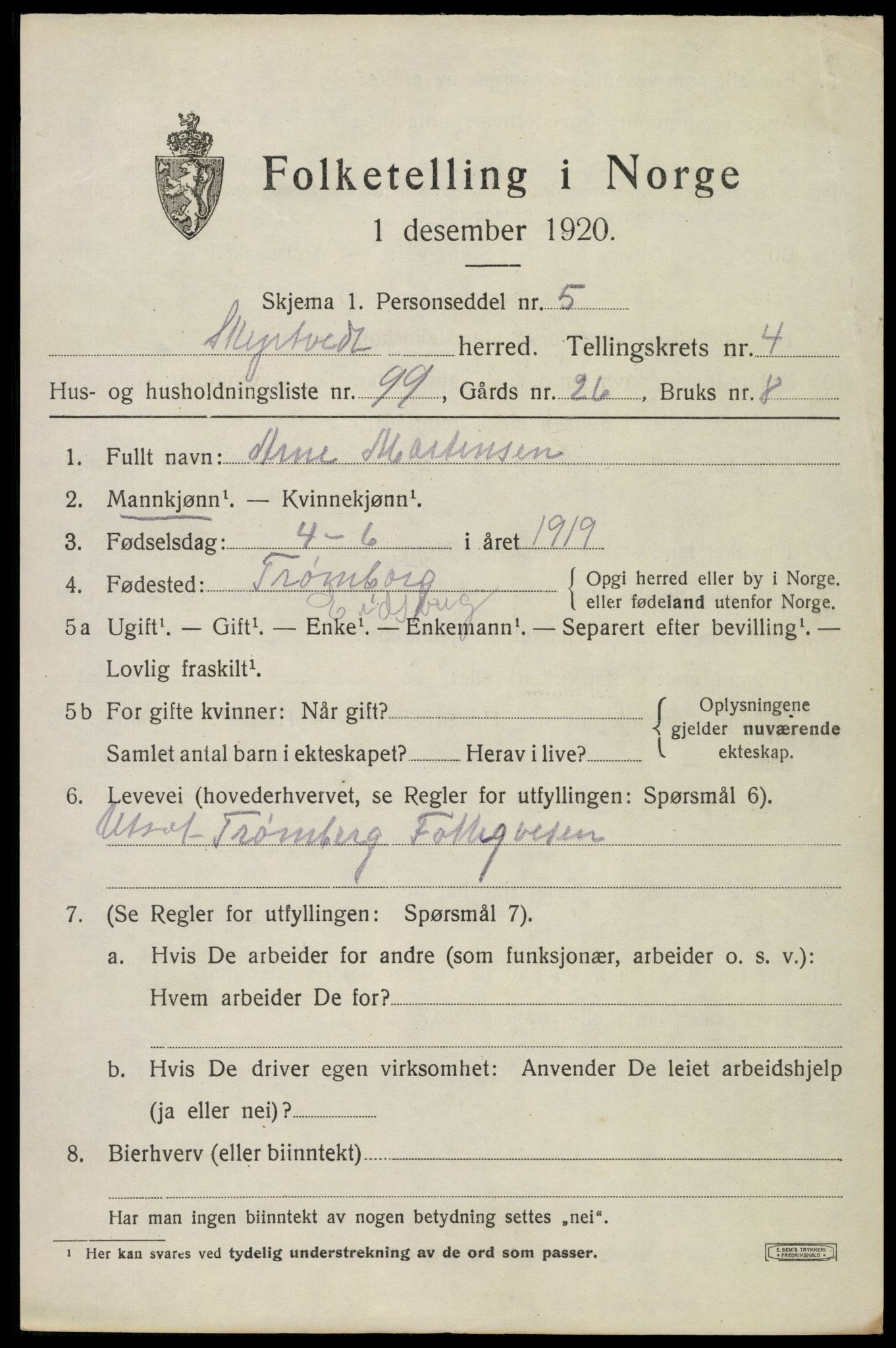 SAO, 1920 census for Skiptvet, 1920, p. 5201