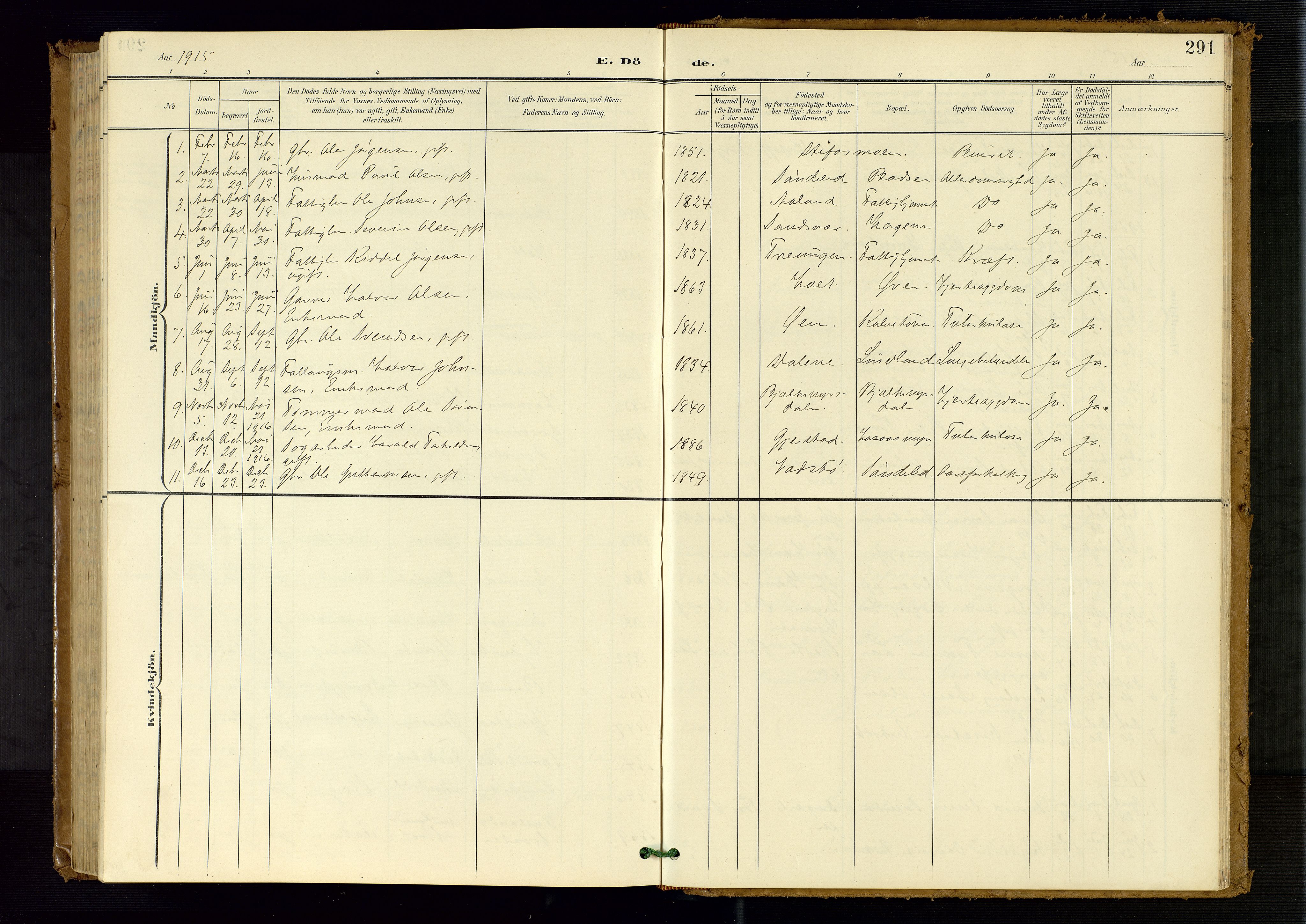 Søndeled sokneprestkontor, SAK/1111-0038/F/Fb/L0005: Parish register (copy) no. B 6, 1900-1962, p. 291