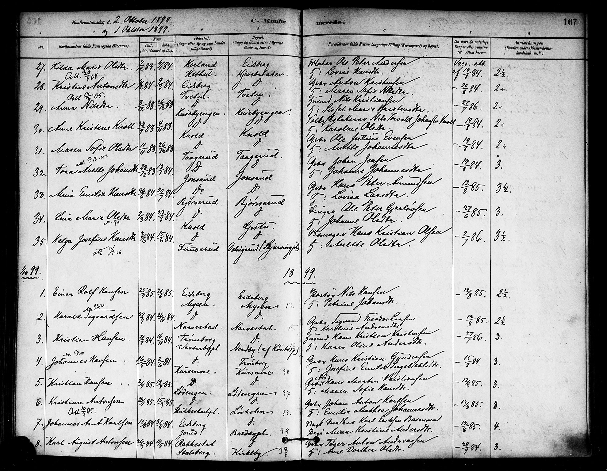 Eidsberg prestekontor Kirkebøker, SAO/A-10905/F/Fa/L0012: Parish register (official) no. I 12, 1879-1901, p. 167