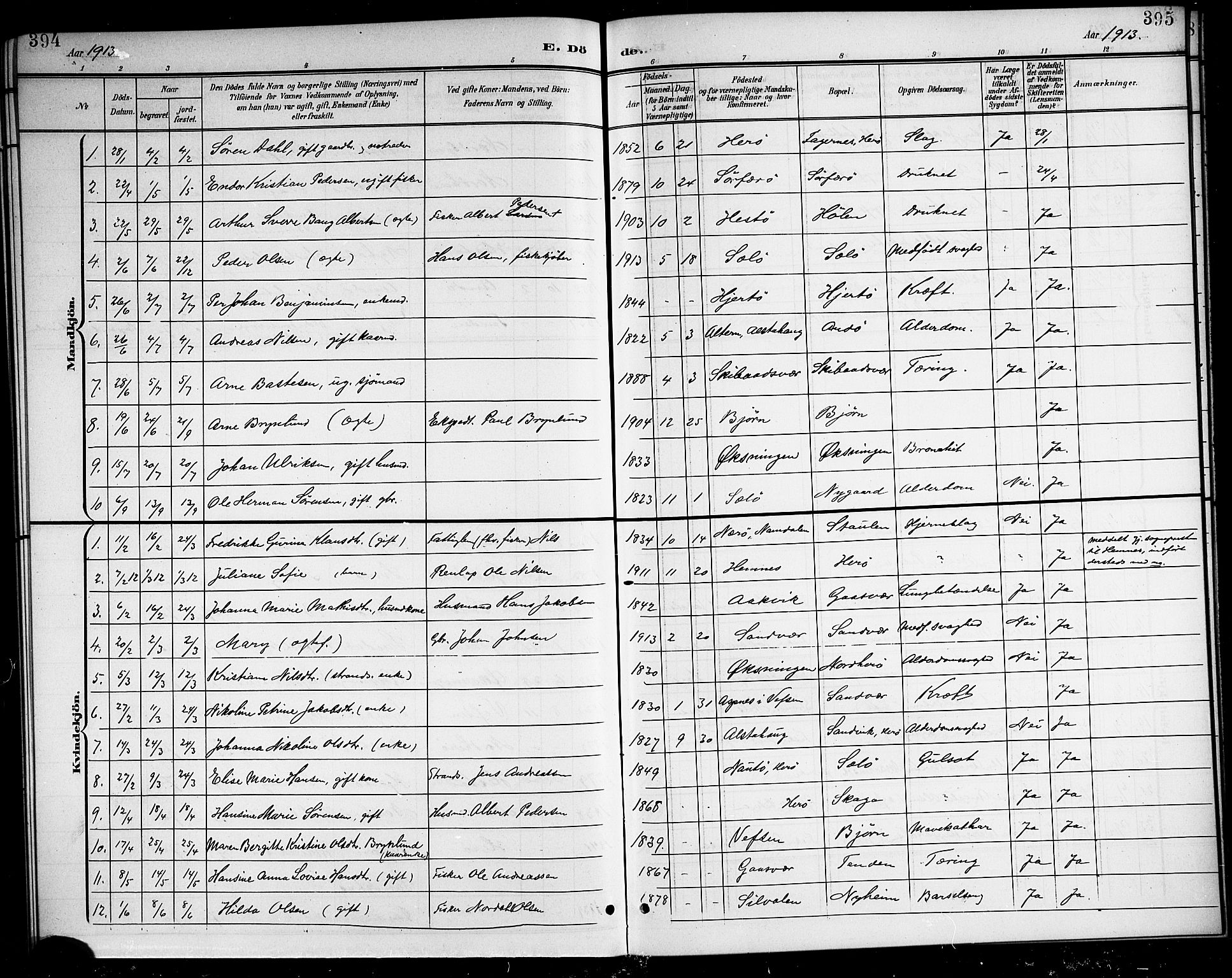 Ministerialprotokoller, klokkerbøker og fødselsregistre - Nordland, SAT/A-1459/834/L0516: Parish register (copy) no. 834C06, 1902-1918, p. 394-395