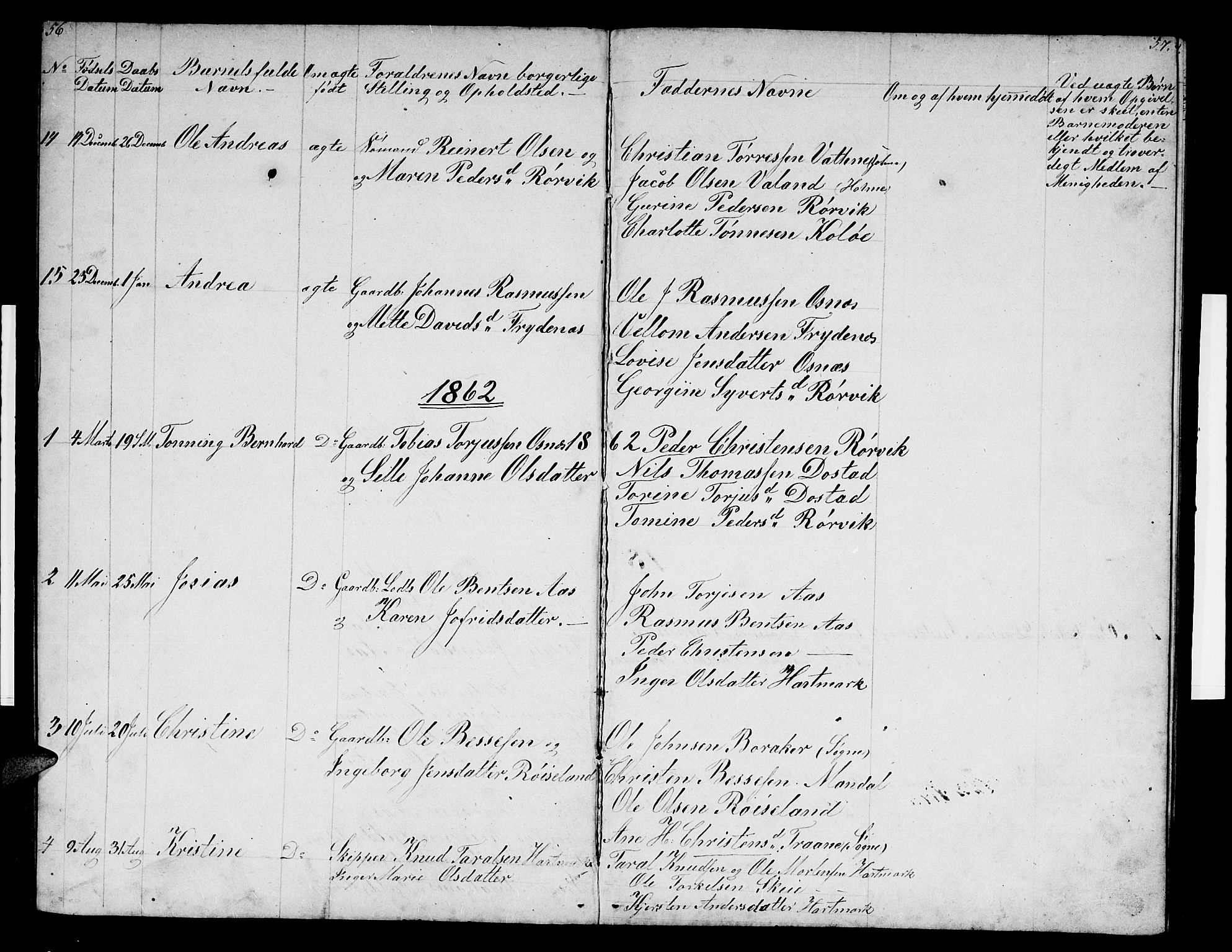 Mandal sokneprestkontor, SAK/1111-0030/F/Fb/Fbb/L0003: Parish register (copy) no. B 3, 1848-1877, p. 56-57