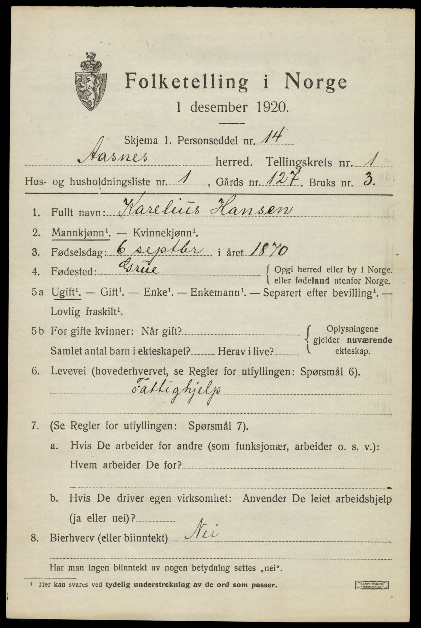 SAH, 1920 census for Åsnes, 1920, p. 2160