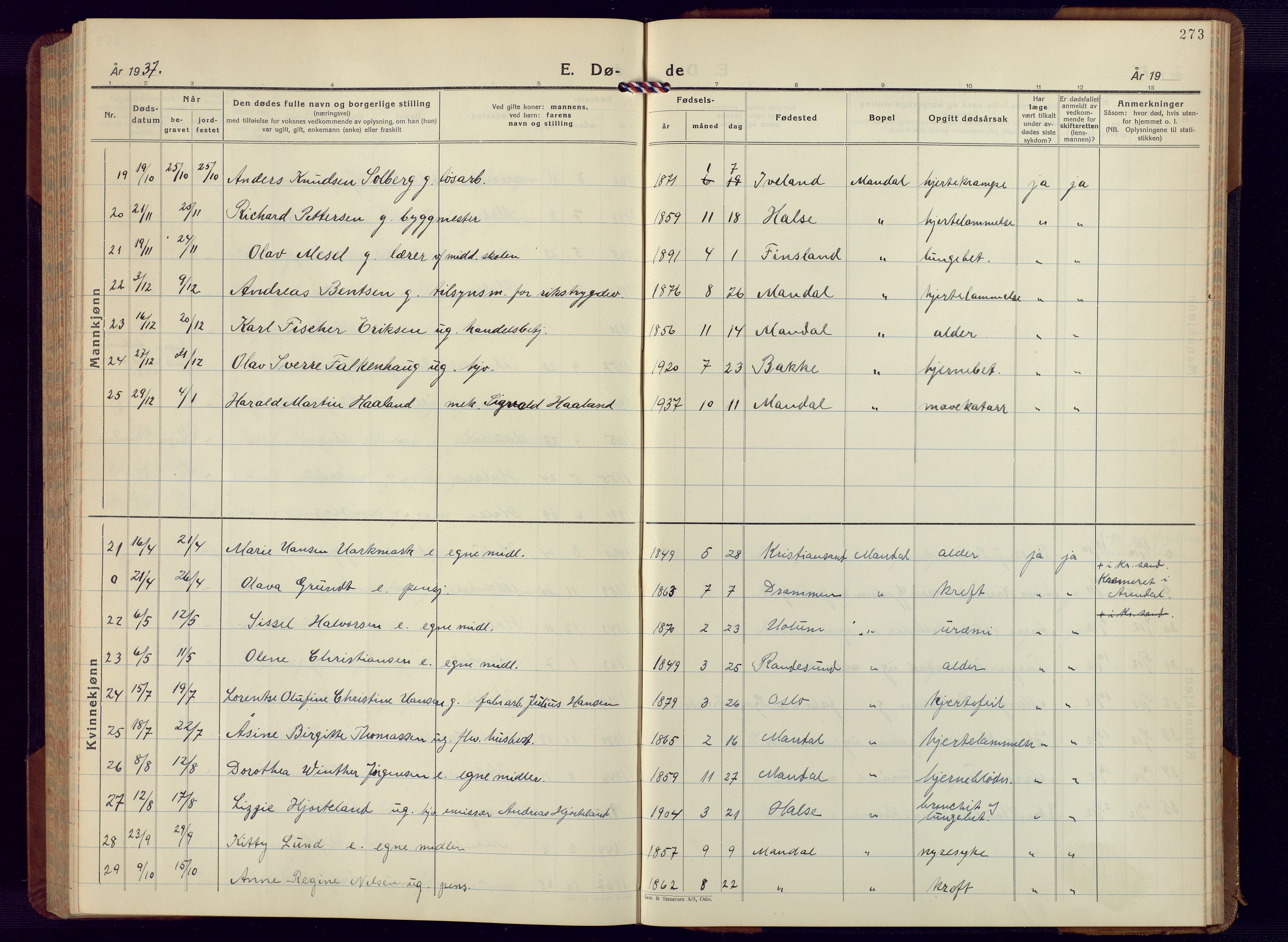 Mandal sokneprestkontor, AV/SAK-1111-0030/F/Fb/Fbc/L0002: Parish register (copy) no. B 2, 1931-1949, p. 273