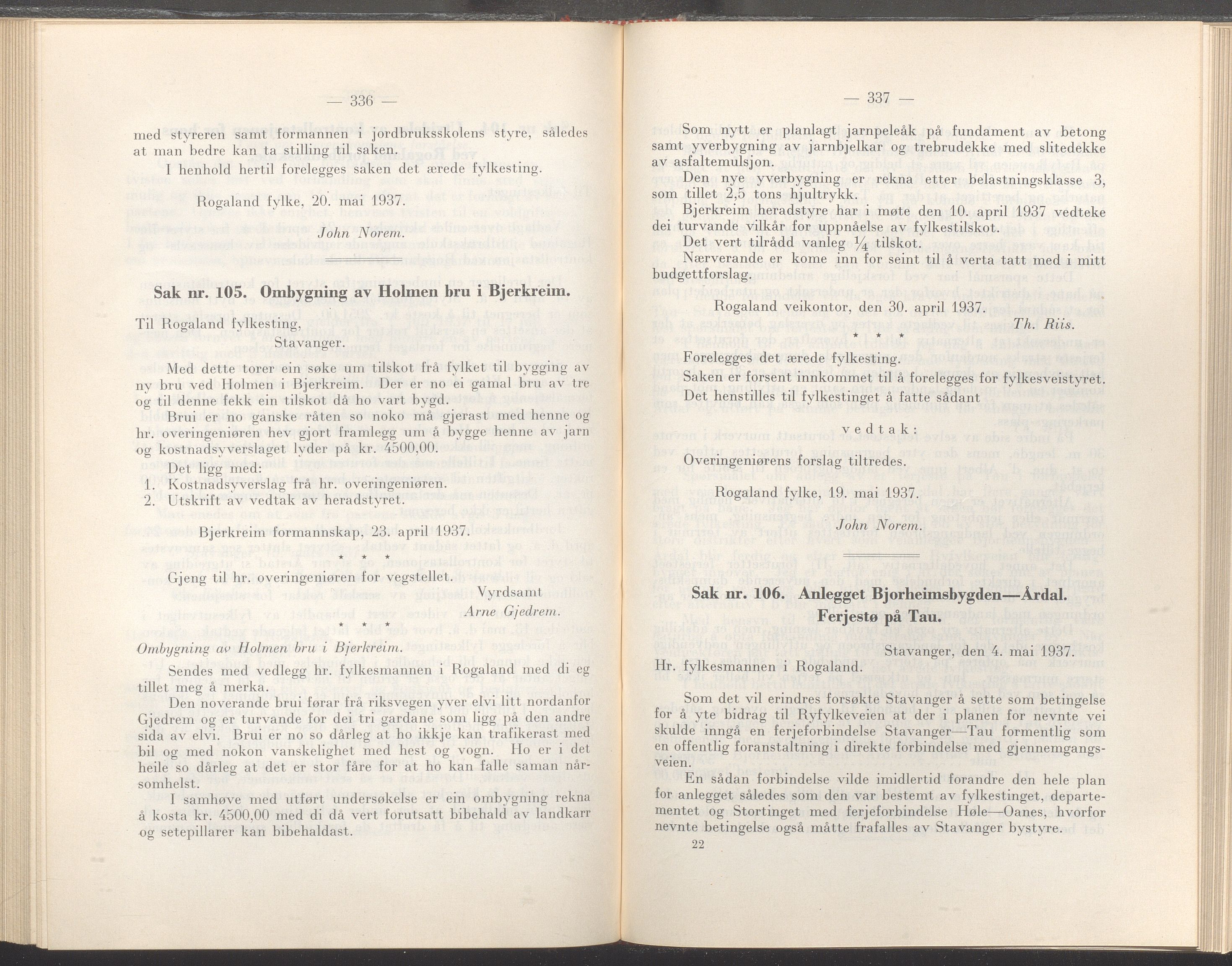 Rogaland fylkeskommune - Fylkesrådmannen , IKAR/A-900/A/Aa/Aaa/L0056: Møtebok , 1937, p. 336-337