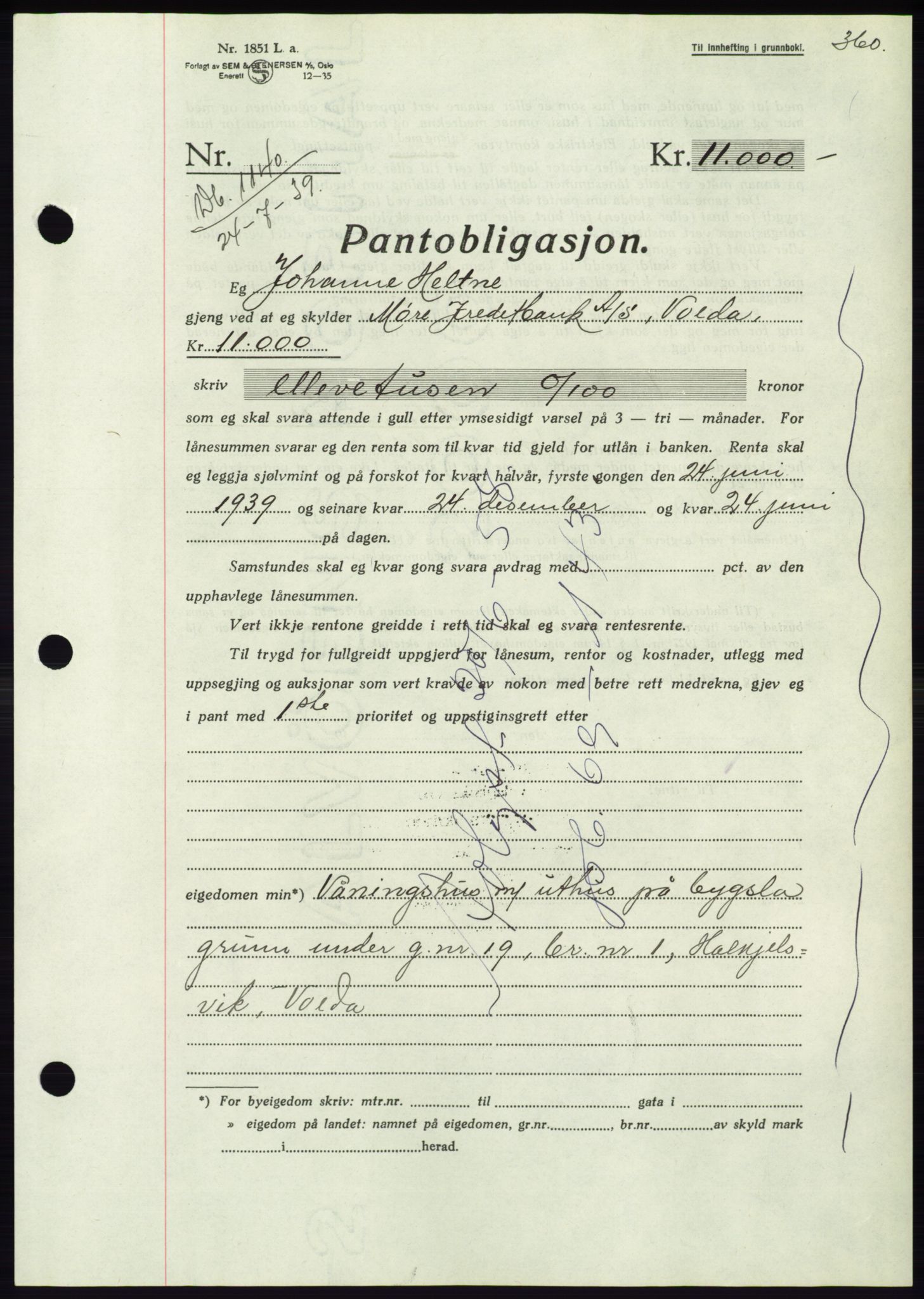 Søre Sunnmøre sorenskriveri, AV/SAT-A-4122/1/2/2C/L0068: Mortgage book no. 62, 1939-1939, Diary no: : 1140/1939