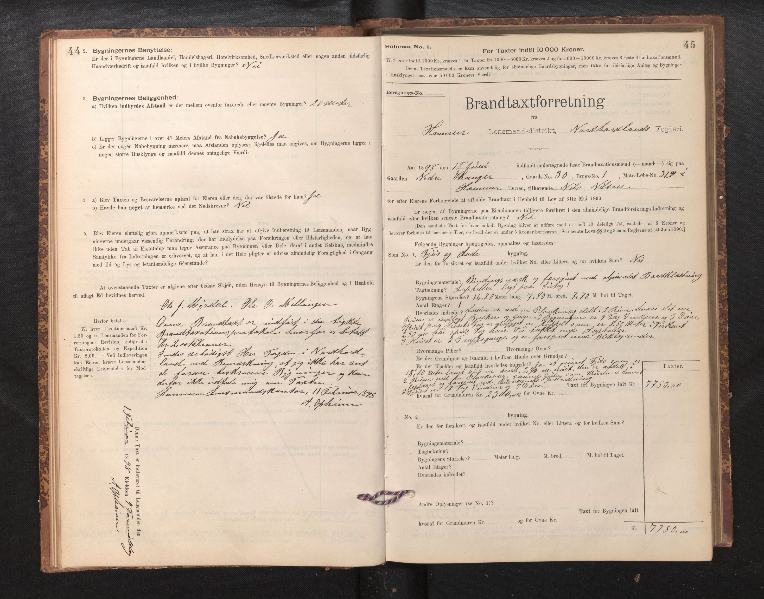 Lensmannen i Hamre, SAB/A-32601/0012/L0004: Branntakstprotokoll, skjematakst, 1895-1920, p. 44-45