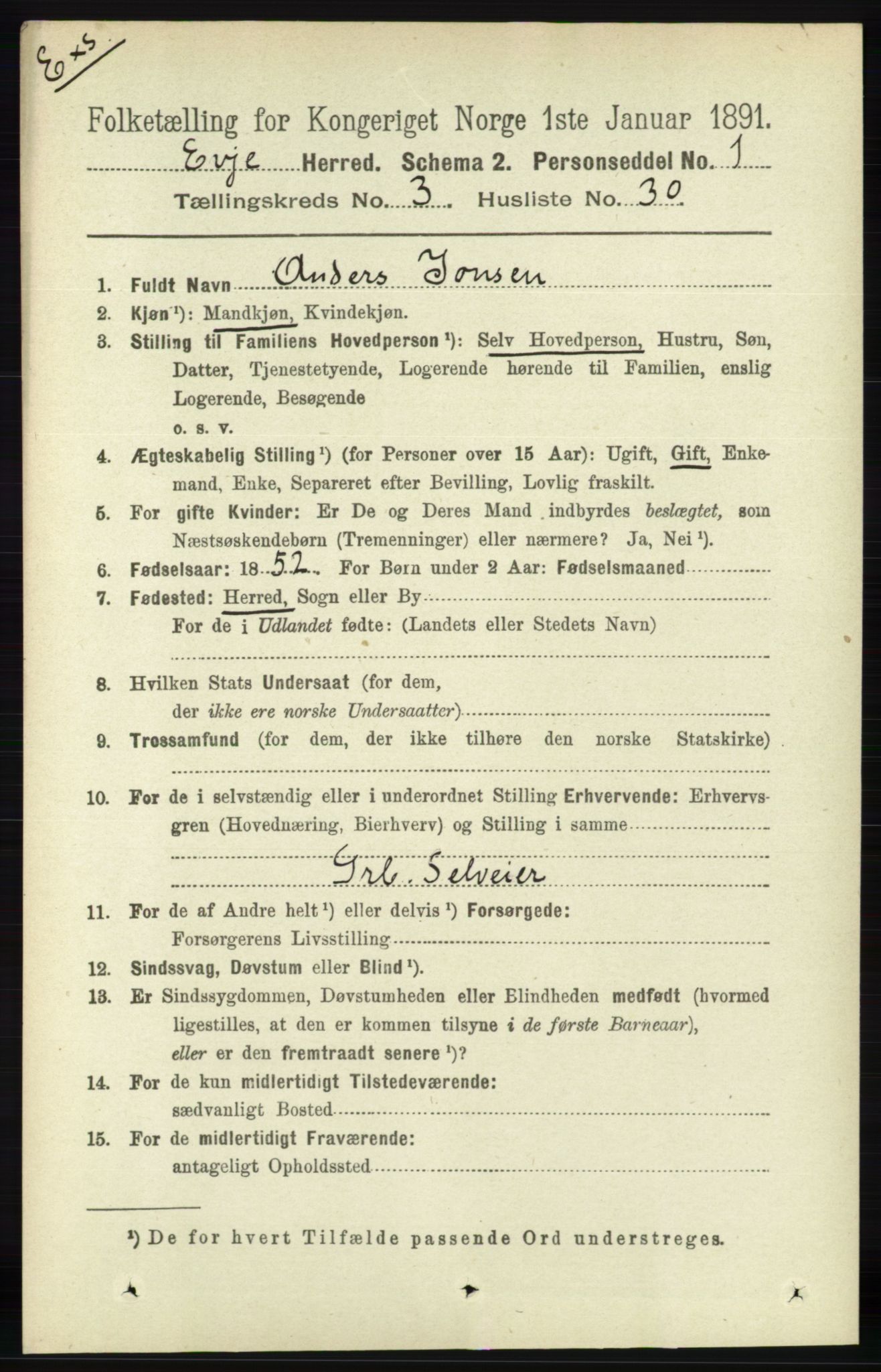 RA, Census 1891 for Nedenes amt: Gjenparter av personsedler for beslektede ektefeller, menn, 1891, p. 1006