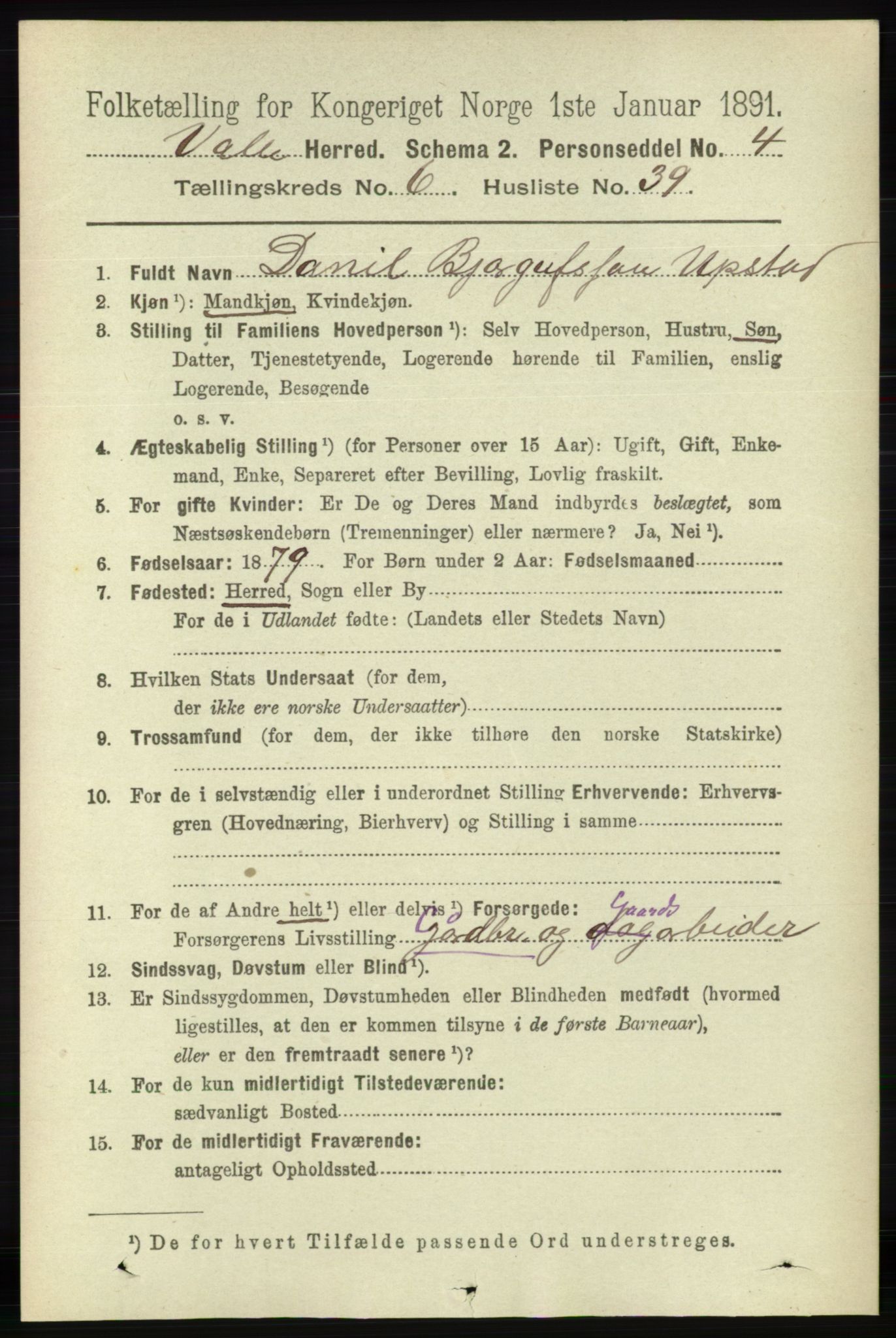 RA, 1891 census for 0940 Valle, 1891, p. 1911