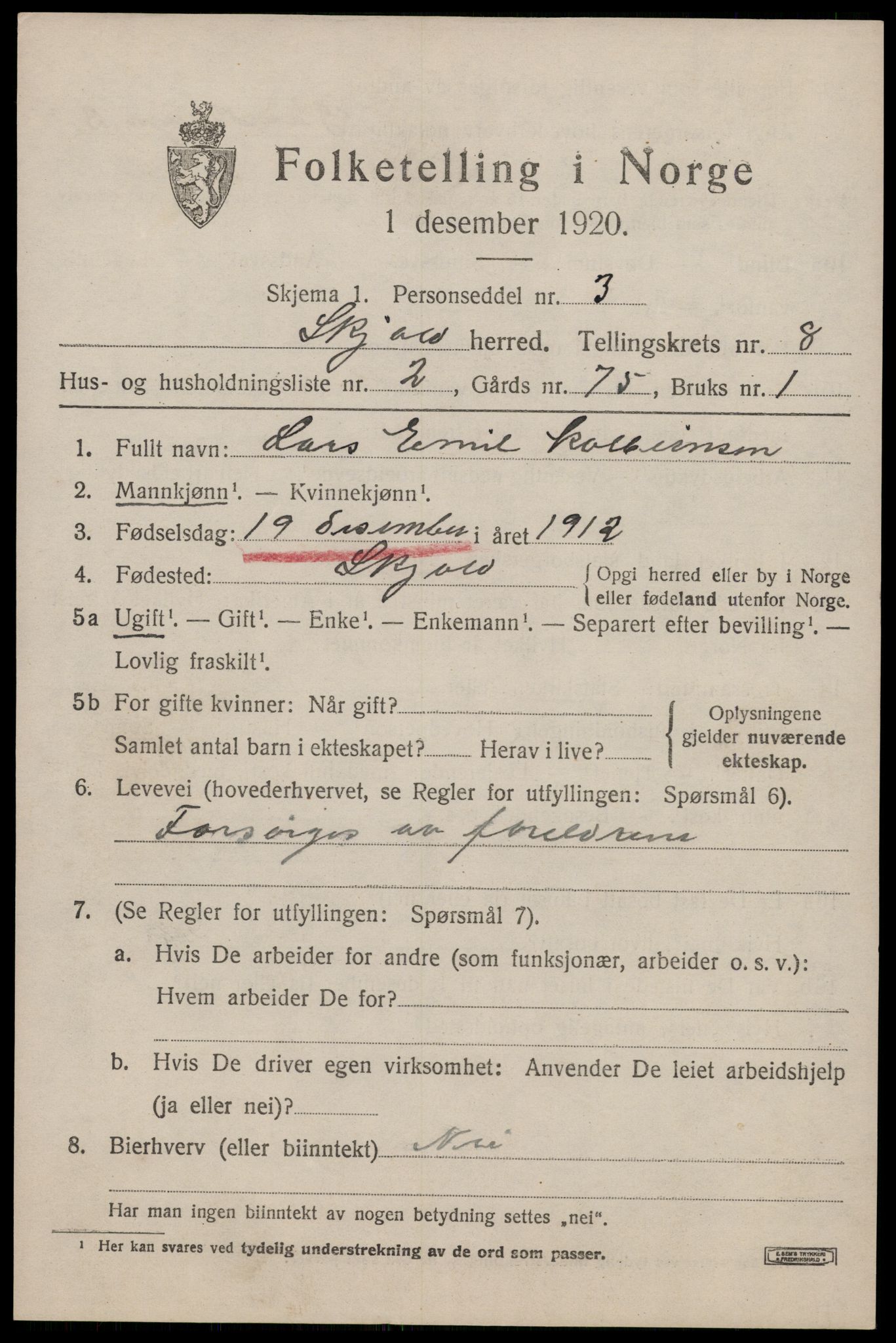 SAST, 1920 census for Skjold, 1920, p. 4192