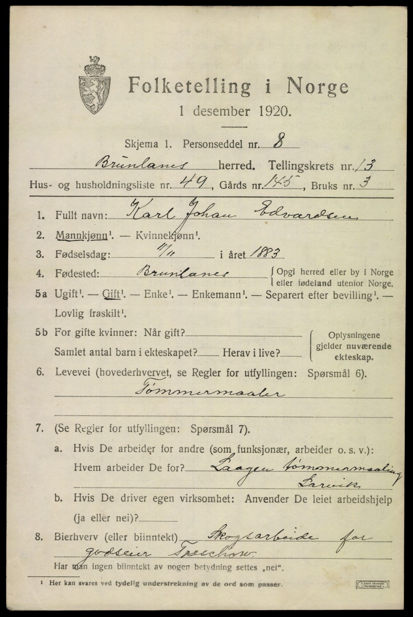 SAKO, 1920 census for Brunlanes, 1920, p. 11333