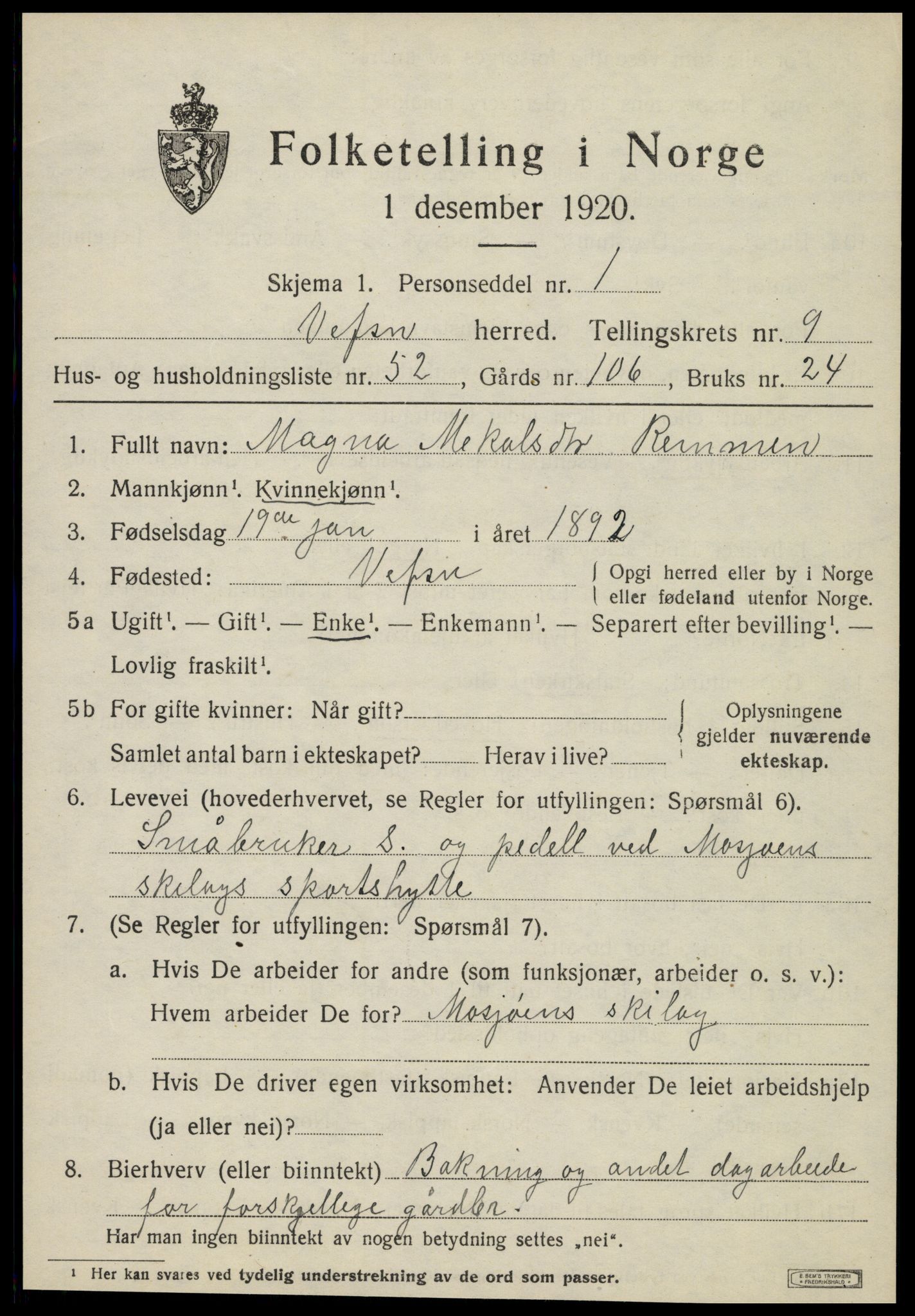 SAT, 1920 census for Vefsn, 1920, p. 6419
