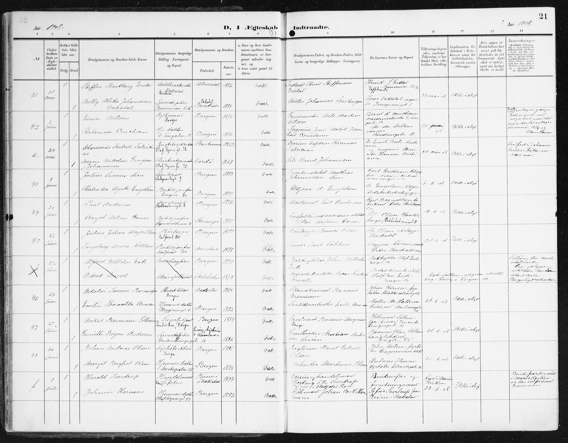 Domkirken sokneprestembete, AV/SAB-A-74801/H/Haa/L0038: Parish register (official) no. D 5, 1906-1921, p. 21