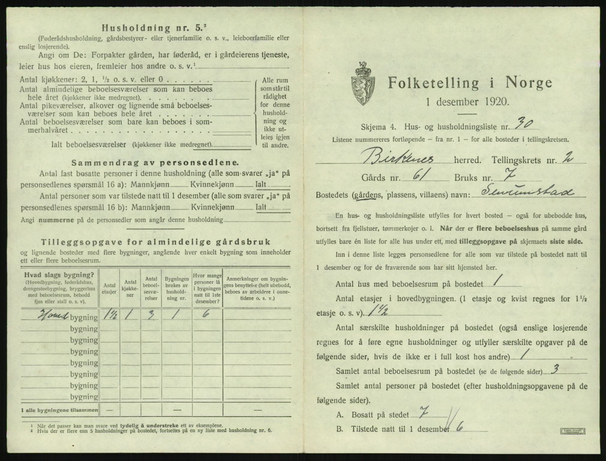 SAK, 1920 census for Birkenes, 1920, p. 147