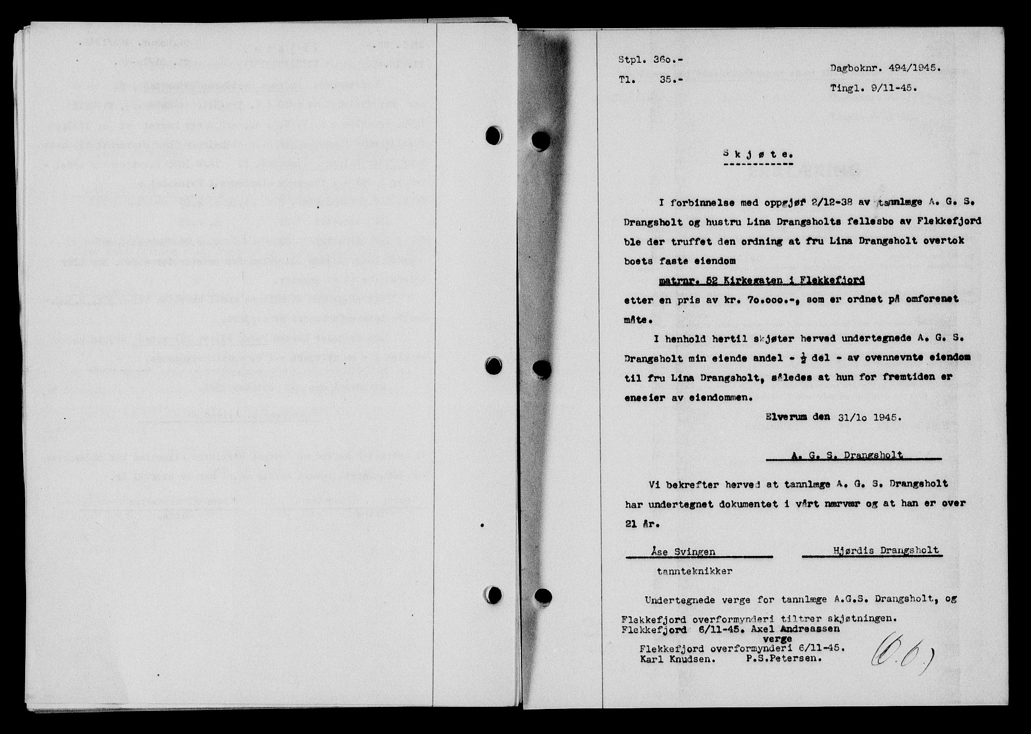 Flekkefjord sorenskriveri, SAK/1221-0001/G/Gb/Gba/L0060: Mortgage book no. A-8, 1945-1946, Diary no: : 494/1945