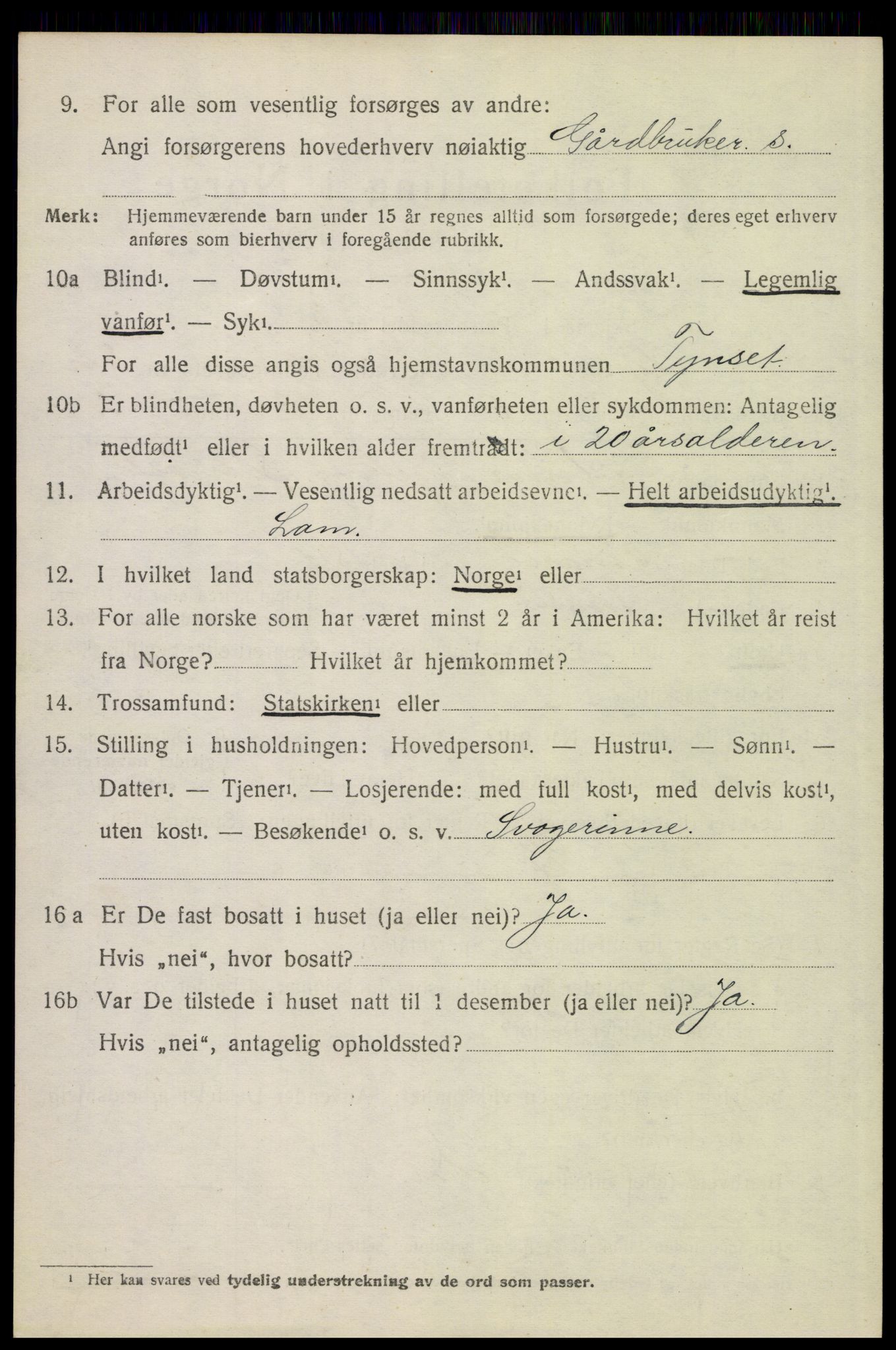 SAH, 1920 census for Tynset, 1920, p. 3143