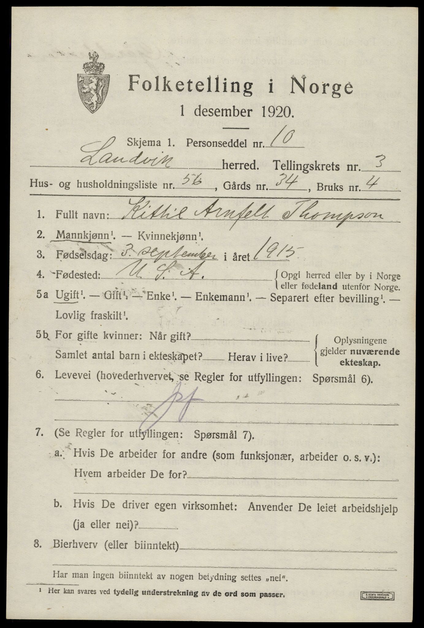 SAK, 1920 census for Landvik, 1920, p. 3450