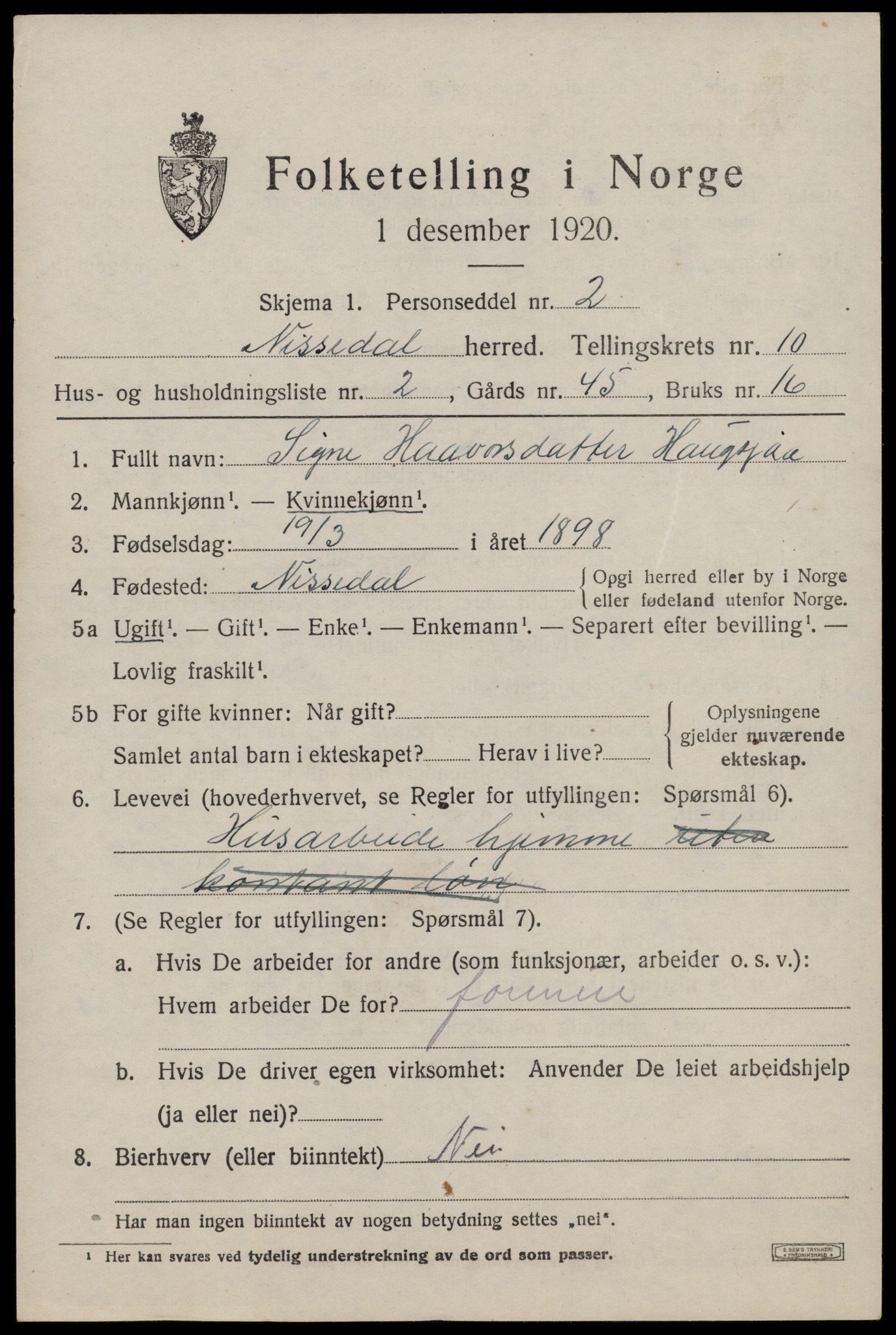 SAKO, 1920 census for Nissedal, 1920, p. 3899