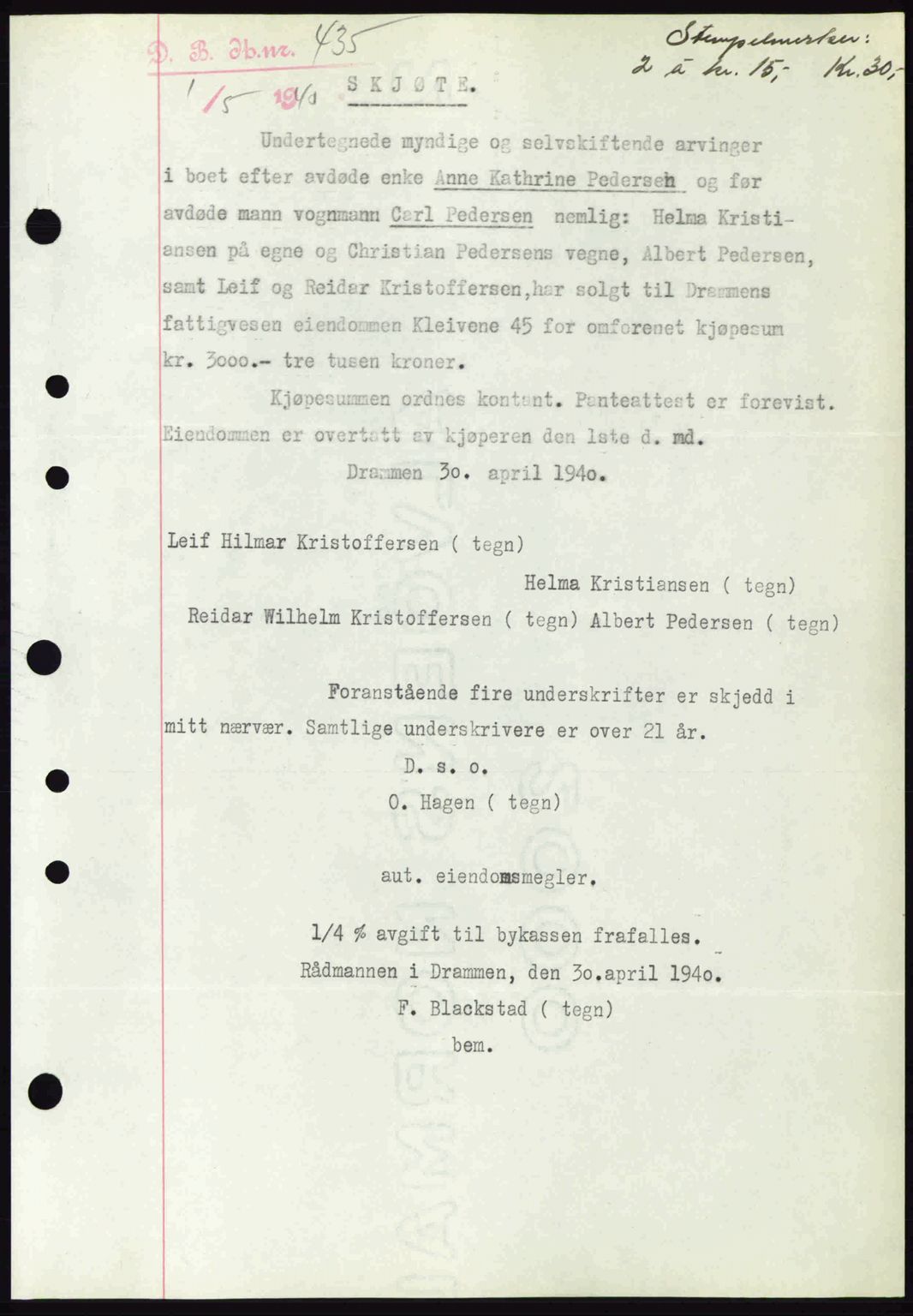 Drammen byfogd, SAKO/A-222/G/Ga/Gac/L0058: Mortgage book no. A12, 1939-1942, Diary no: : 435/1940