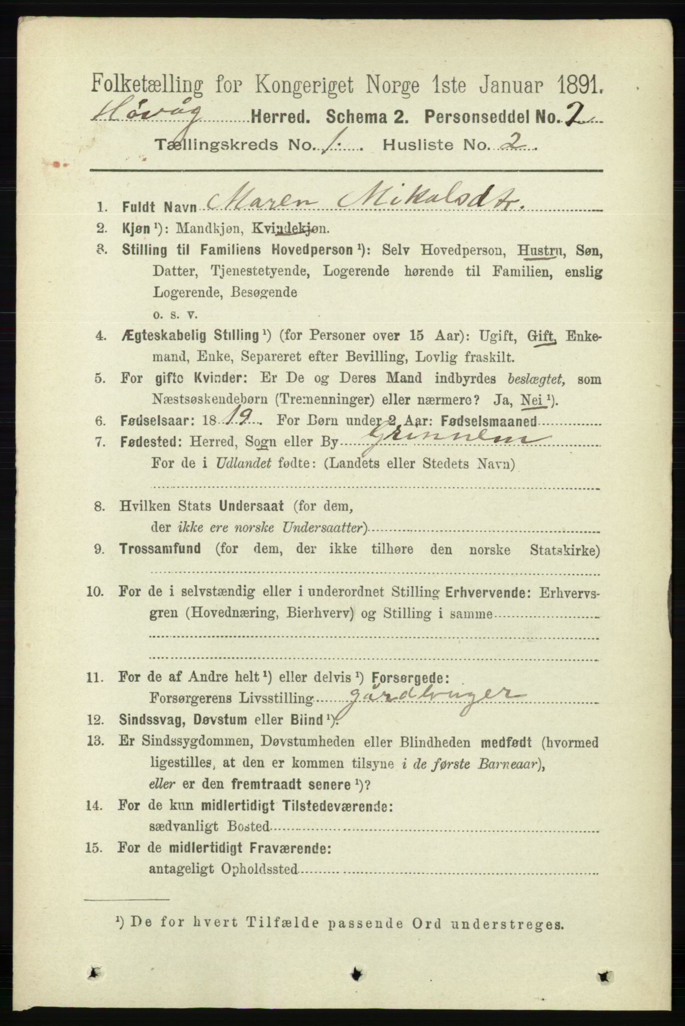 RA, 1891 census for 0927 Høvåg, 1891, p. 96