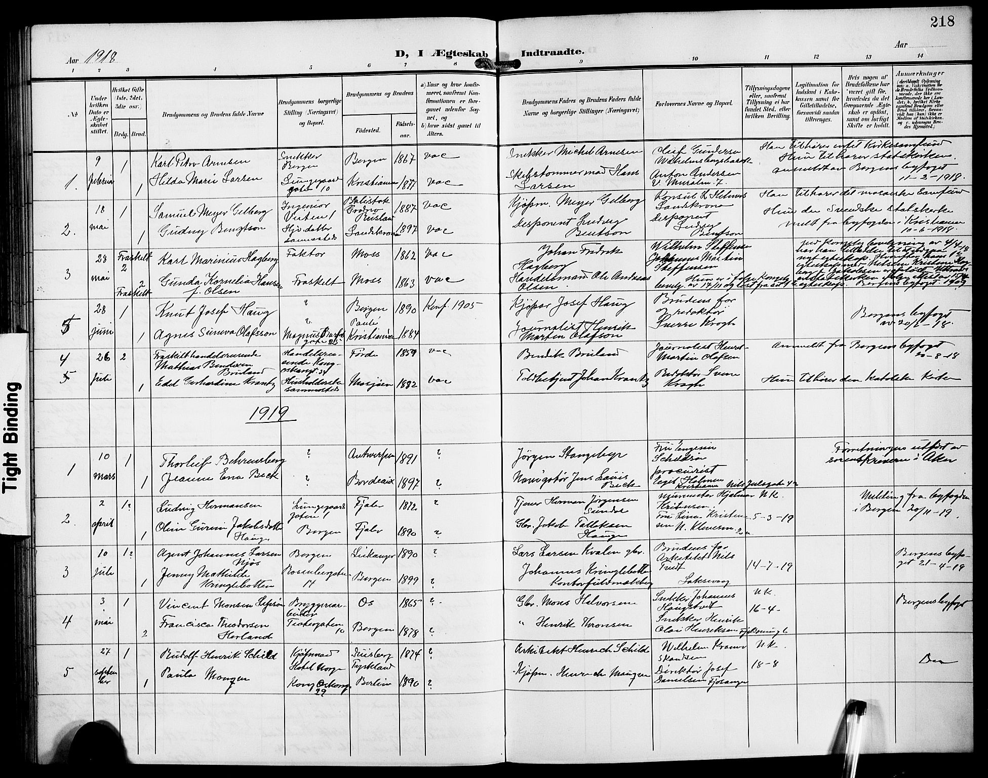 Domkirken sokneprestembete, SAB/A-74801/H/Hab/L0033: Parish register (copy) no. D 5, 1907-1924, p. 218