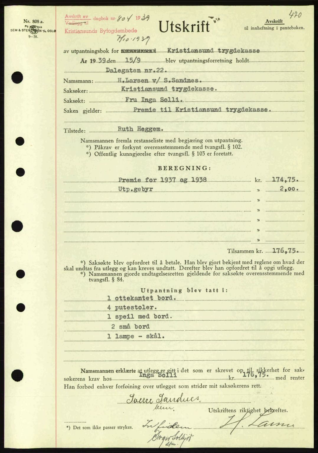 Kristiansund byfogd, SAT/A-4587/A/27: Mortgage book no. 31, 1938-1939, Diary no: : 804/1939