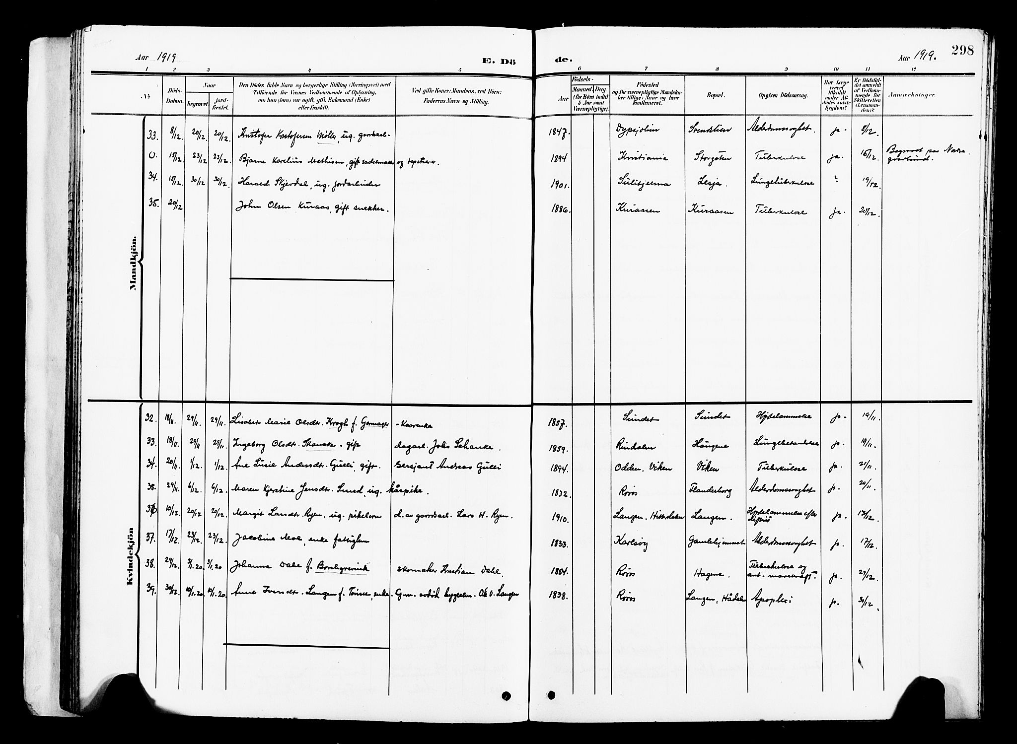 Ministerialprotokoller, klokkerbøker og fødselsregistre - Sør-Trøndelag, SAT/A-1456/681/L0942: Parish register (copy) no. 681C06, 1906-1925, p. 298