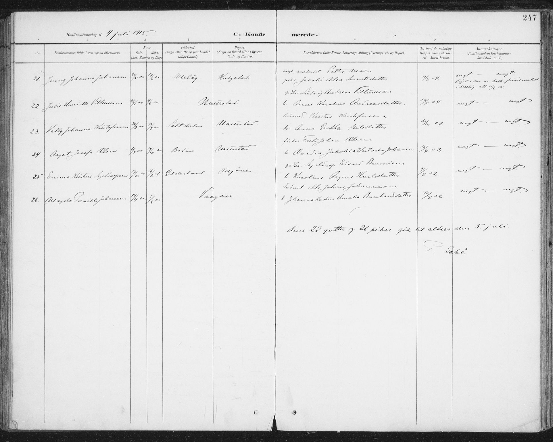 Ministerialprotokoller, klokkerbøker og fødselsregistre - Nordland, SAT/A-1459/852/L0741: Parish register (official) no. 852A11, 1894-1917, p. 247