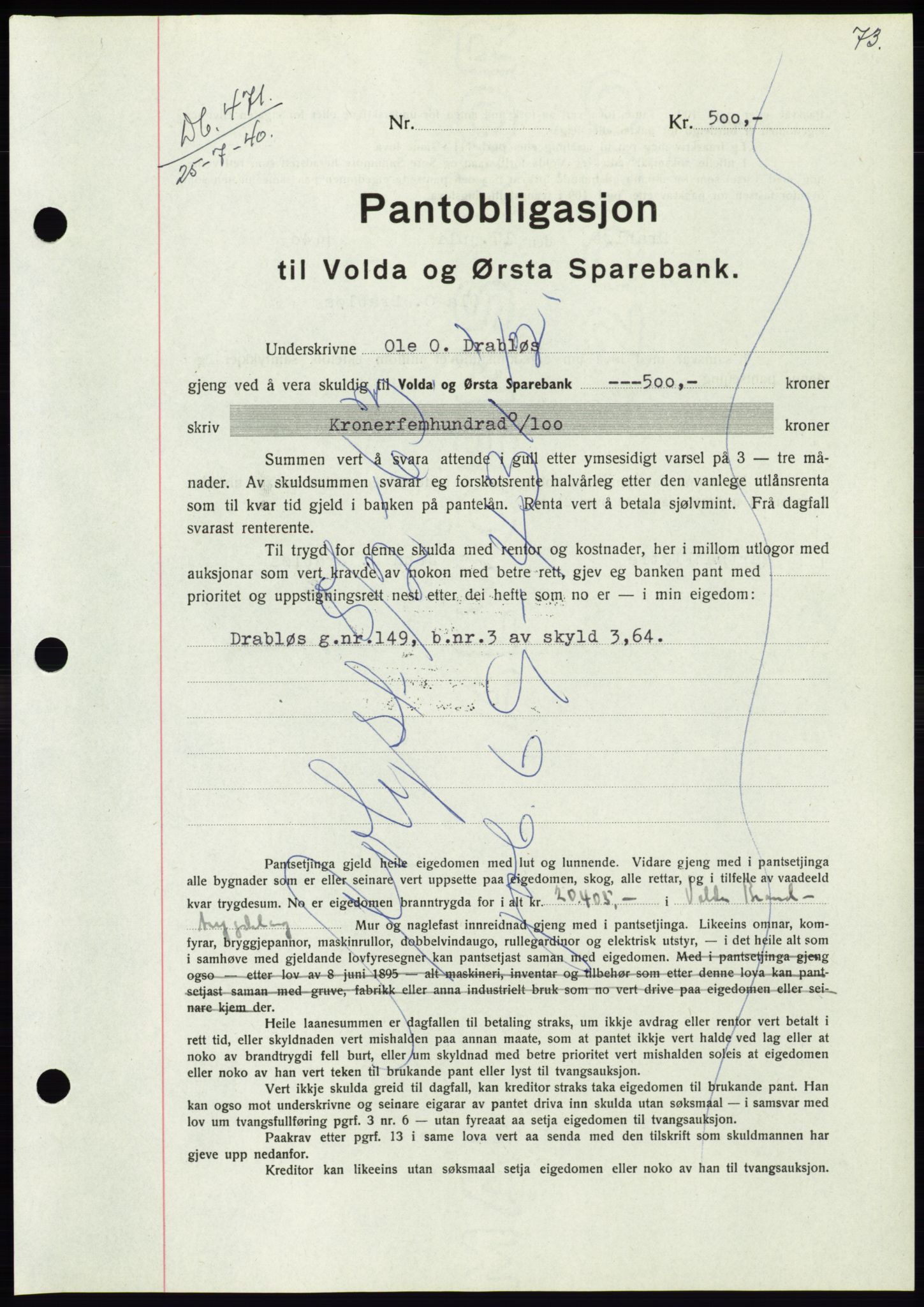 Søre Sunnmøre sorenskriveri, AV/SAT-A-4122/1/2/2C/L0070: Mortgage book no. 64, 1940-1941, Diary no: : 471/1940