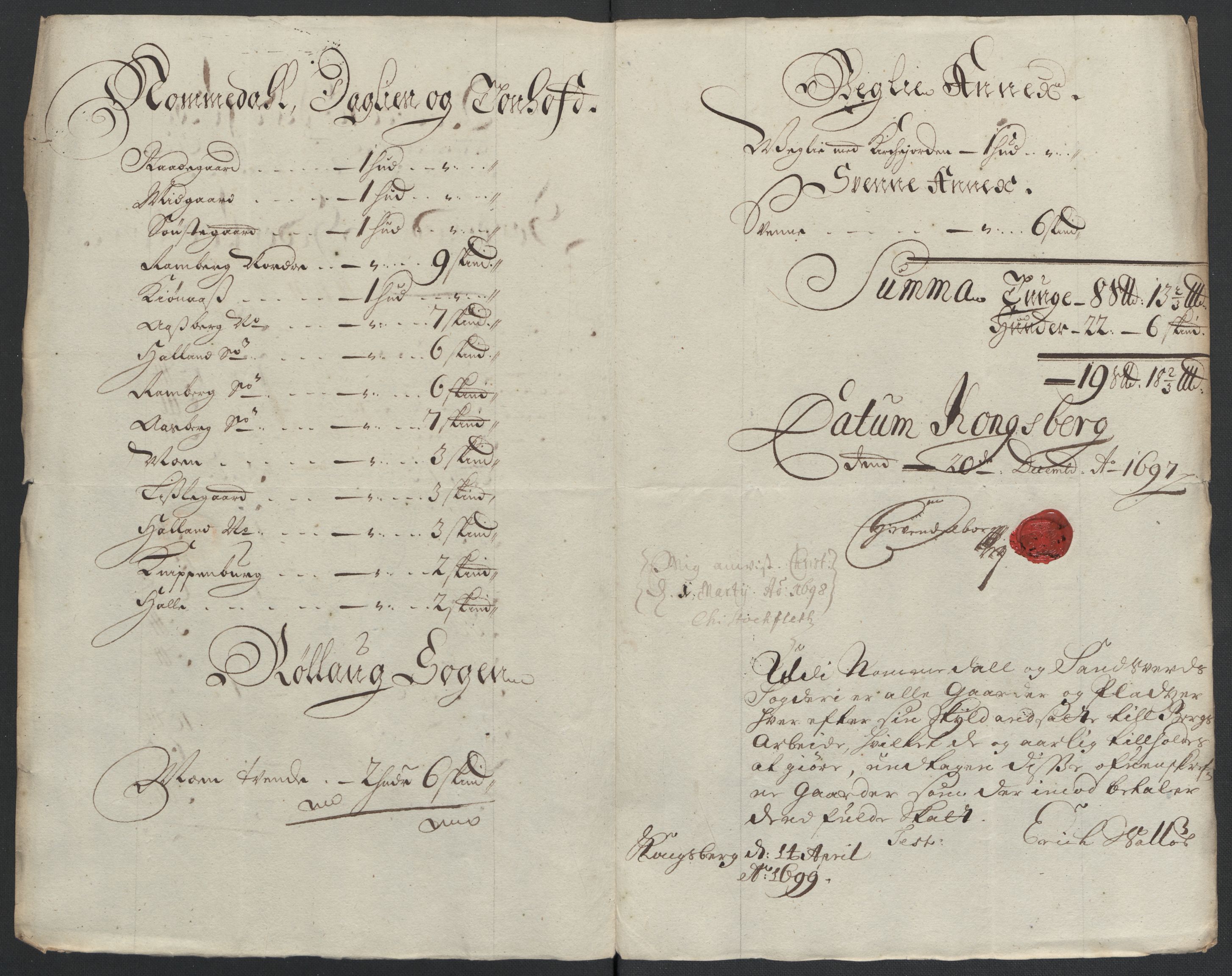 Rentekammeret inntil 1814, Reviderte regnskaper, Fogderegnskap, AV/RA-EA-4092/R24/L1576: Fogderegnskap Numedal og Sandsvær, 1696-1697, p. 306