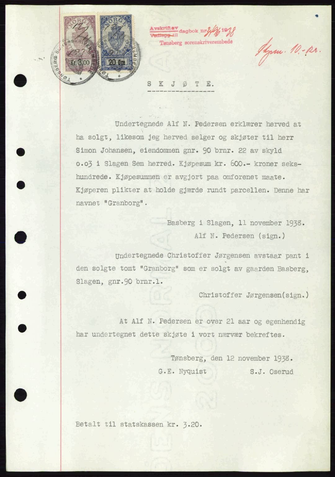 Jarlsberg sorenskriveri, SAKO/A-131/G/Ga/Gaa/L0006: Mortgage book no. A-6, 1938-1939, Diary no: : 3496/1938