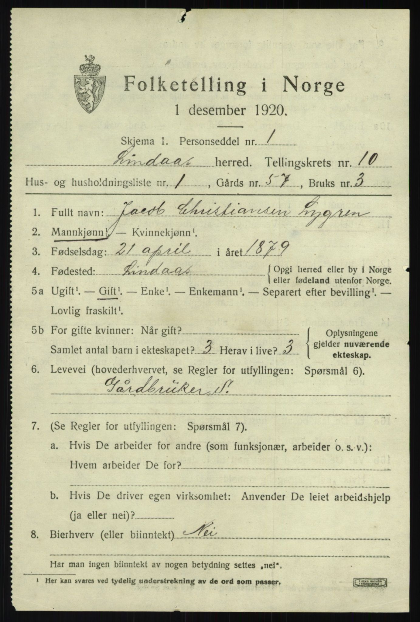 SAB, 1920 census for Lindås, 1920, p. 5333