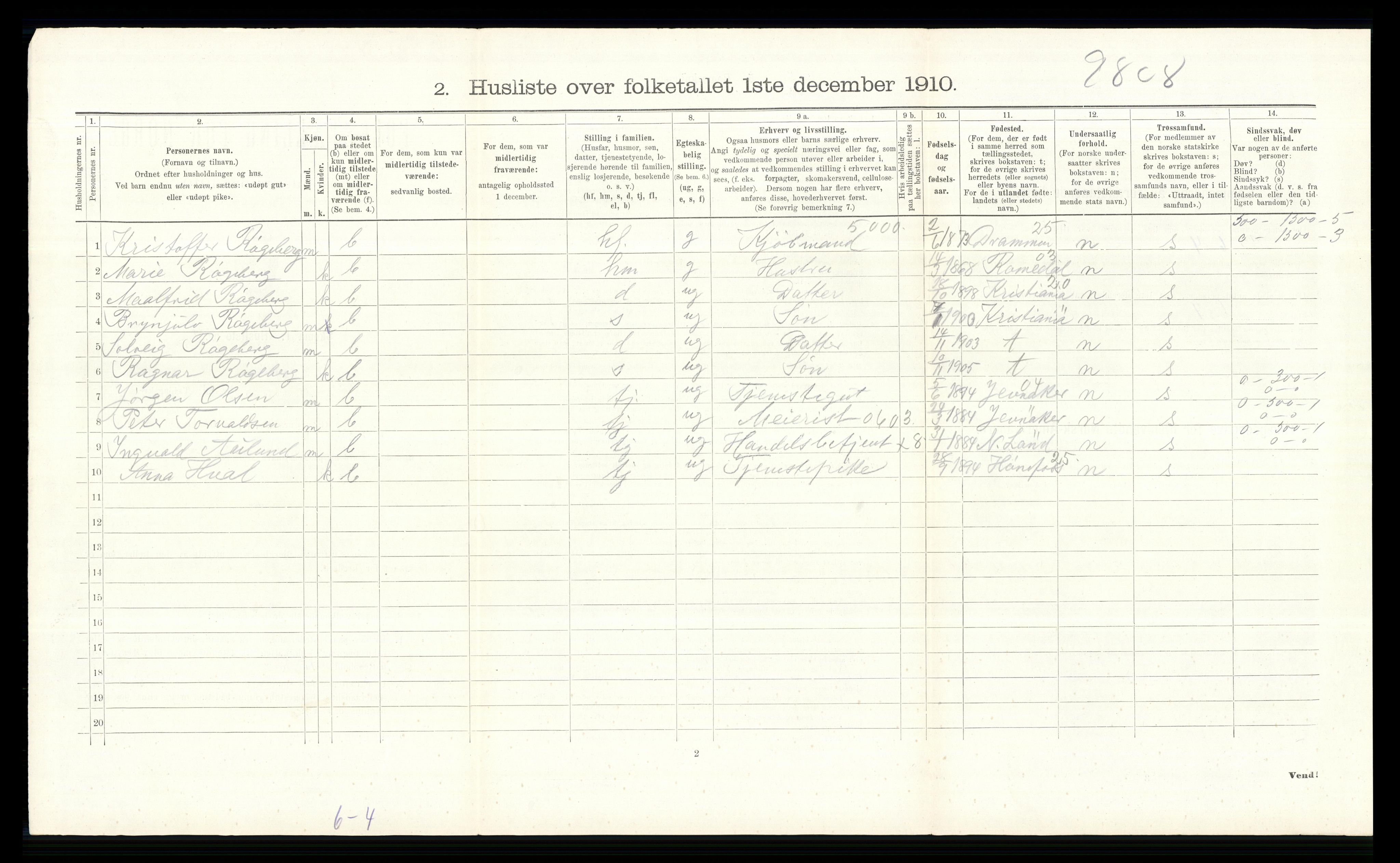 RA, 1910 census for Norderhov, 1910, p. 1327