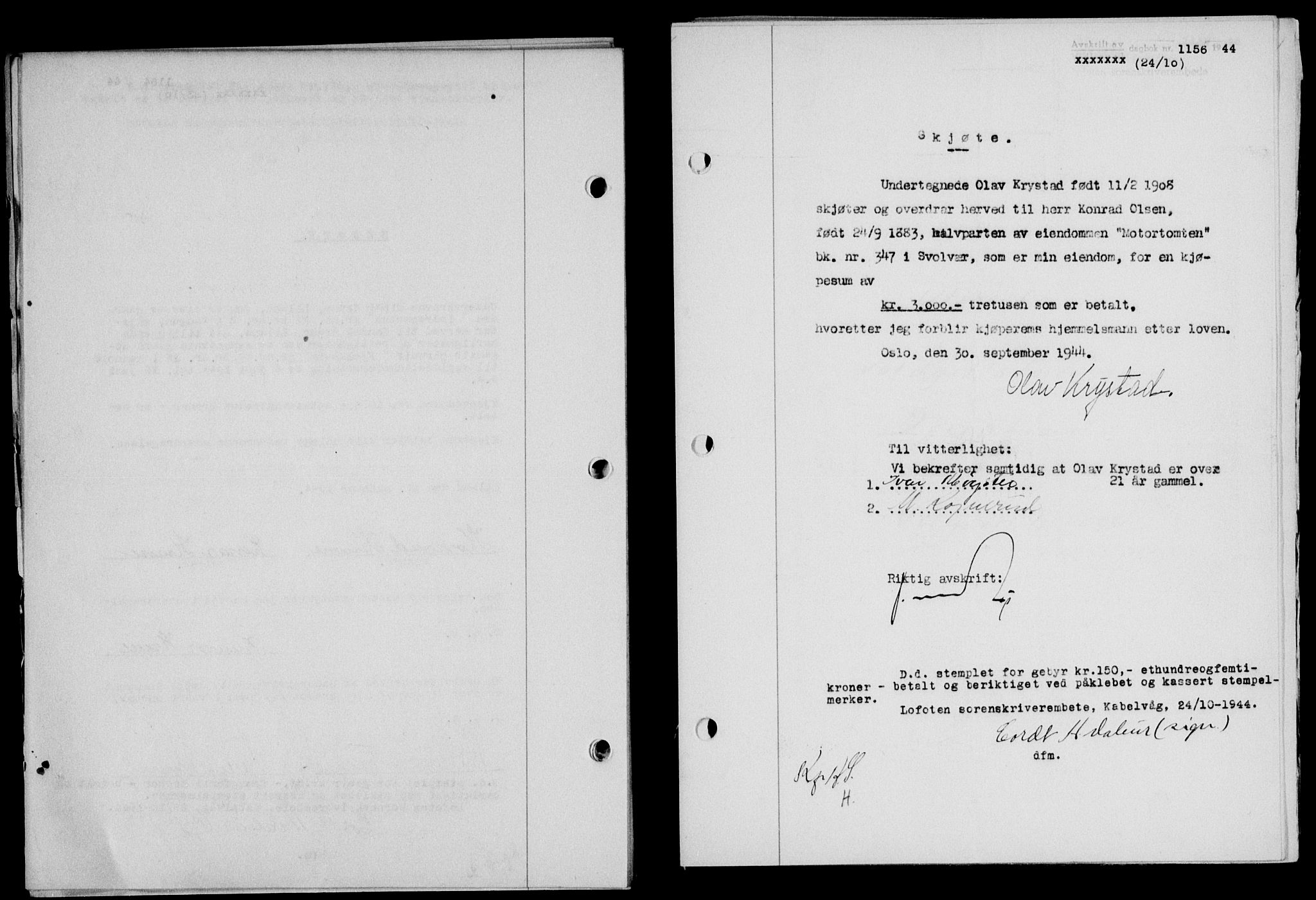 Lofoten sorenskriveri, SAT/A-0017/1/2/2C/L0012a: Mortgage book no. 12a, 1943-1944, Diary no: : 1156/1944