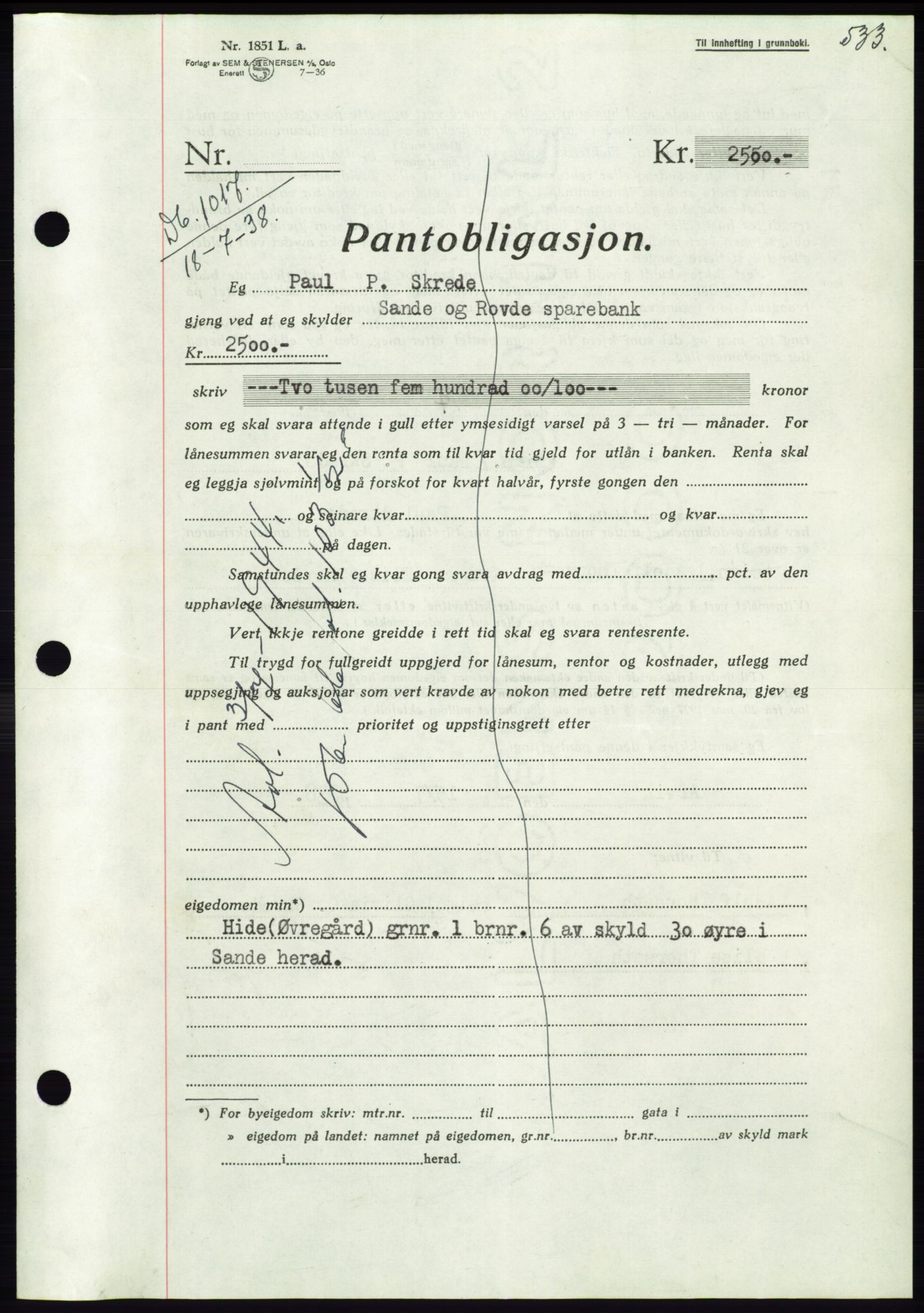 Søre Sunnmøre sorenskriveri, AV/SAT-A-4122/1/2/2C/L0065: Mortgage book no. 59, 1938-1938, Diary no: : 1017/1938