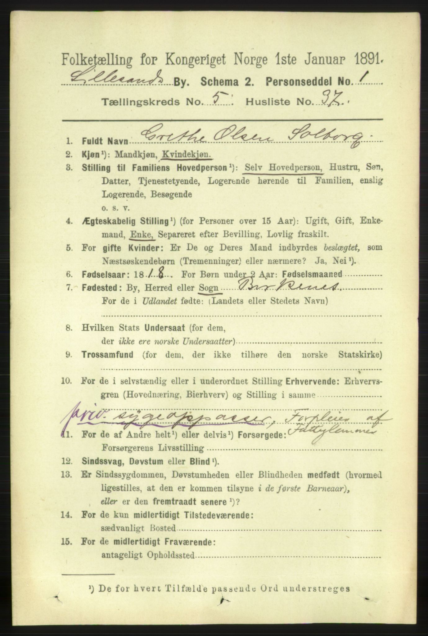 RA, 1891 census for 0905 Lillesand, 1891, p. 1610