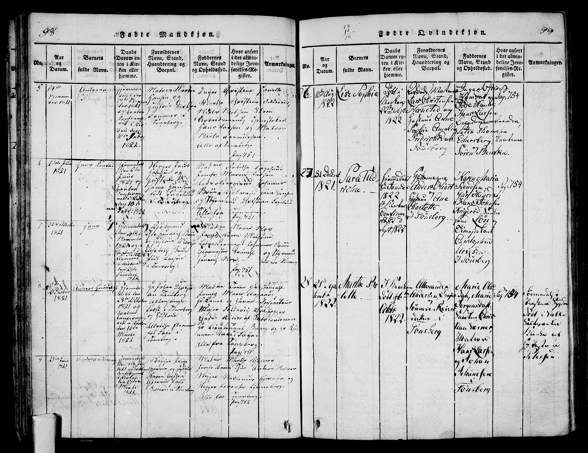 Tønsberg kirkebøker, AV/SAKO-A-330/F/Fa/L0004: Parish register (official) no. I 4, 1813-1826, p. 98-99