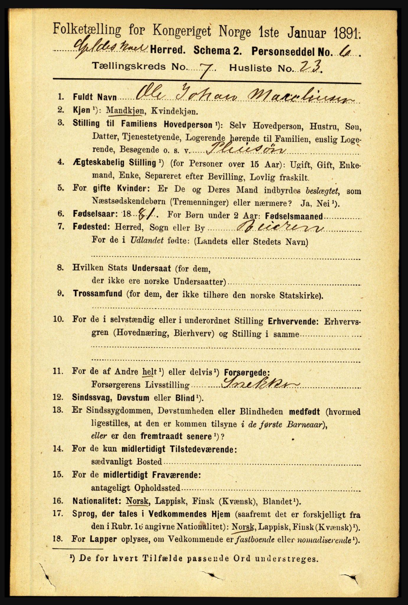 RA, 1891 census for 1838 Gildeskål, 1891, p. 2353